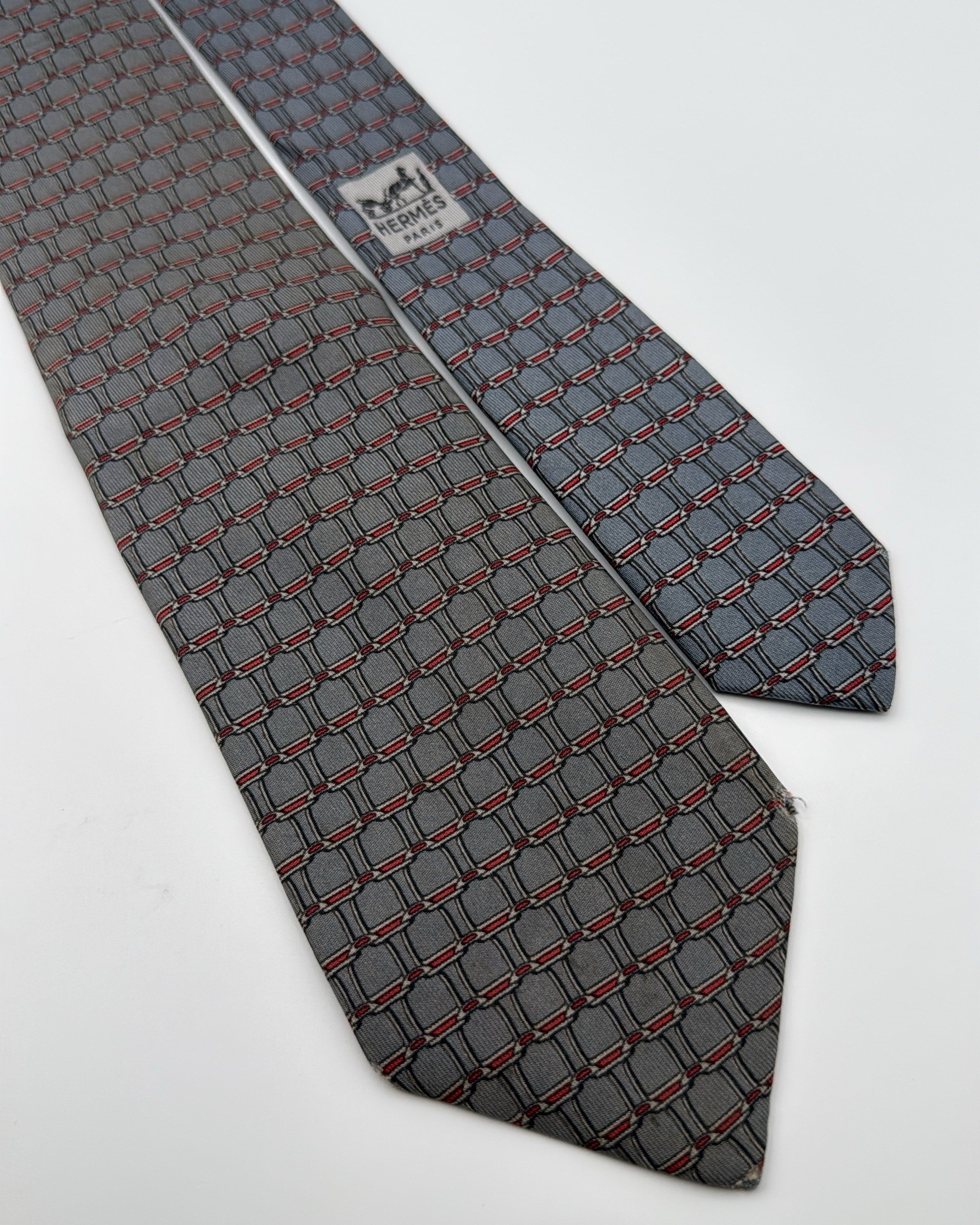 Hermès Paris Silk Tie 898 PA Geometric Grey Red Necktie Made in France