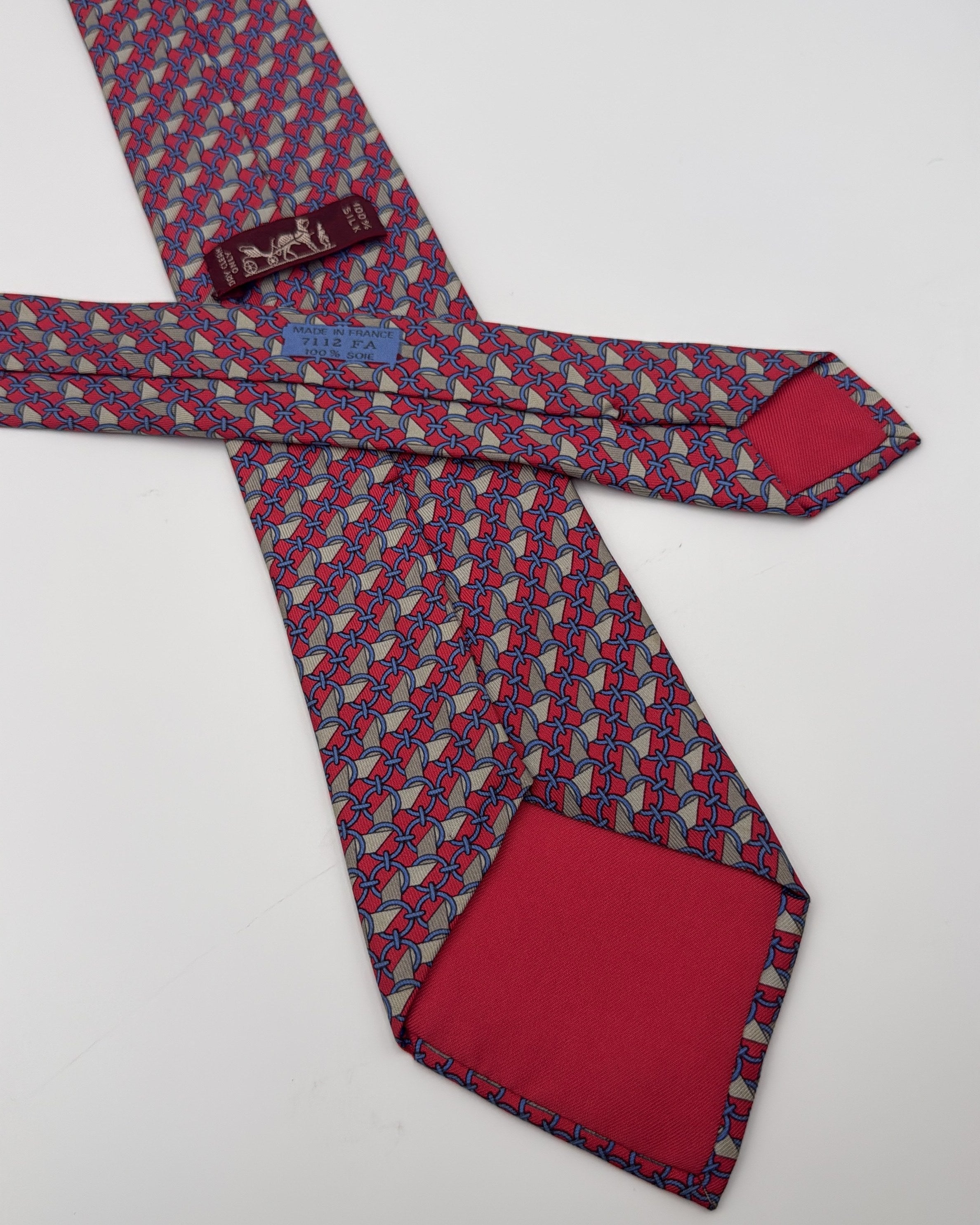 Hermès Paris Silk Tie 7112 FA Geometric Chain Red Blue Necktie Made in France