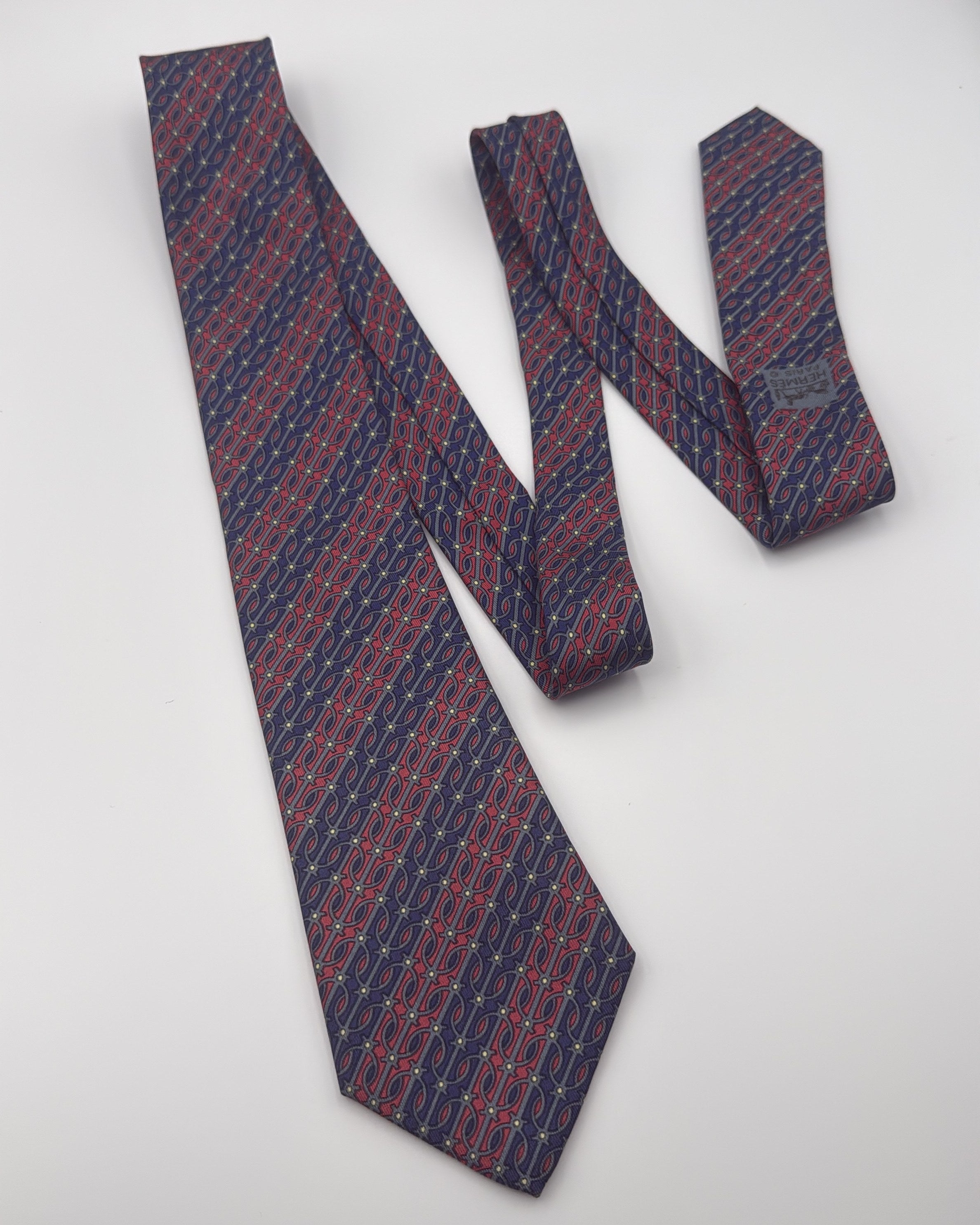 Hermès Paris Silk Tie Geometric Navy Red Necktie Made in France