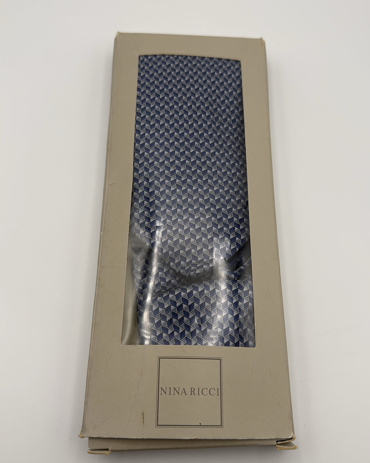 Nina Ricci Silk Tie Geometric Navy Grey Necktie Made in France