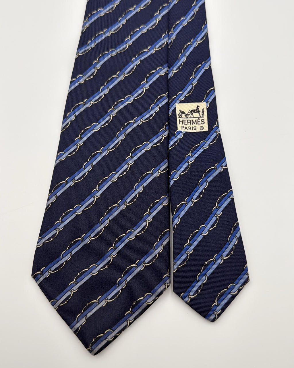 Hermès Paris Silk Tie 7041 TA Striped Navy Blue Necktie Made in France