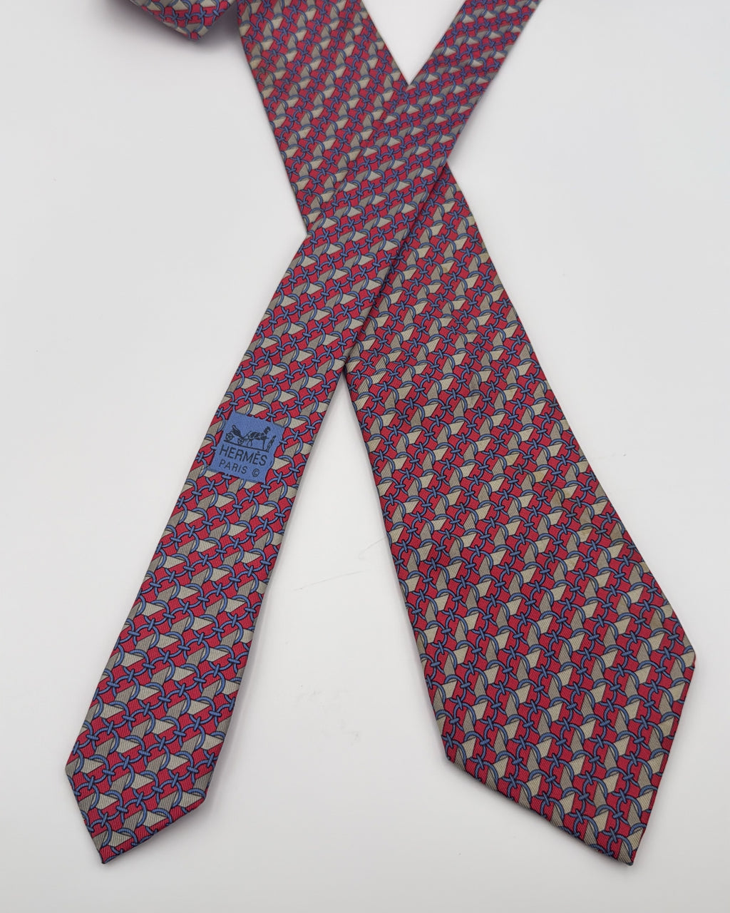 Hermès Paris Silk Tie 7112 FA Geometric Chain Red Blue Necktie Made in France