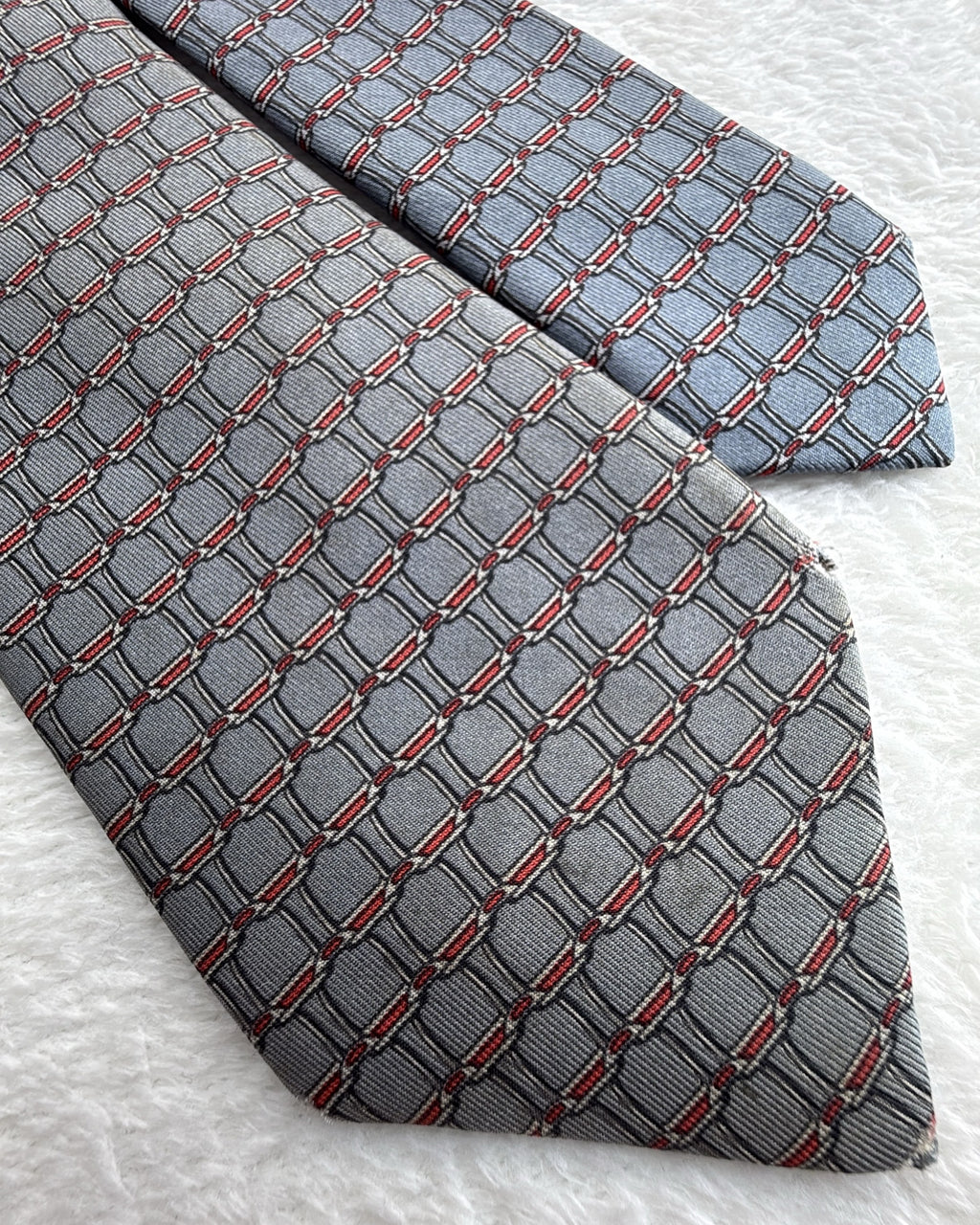 Hermès Paris Silk Tie 898 PA Geometric Grey Red Necktie Made in France