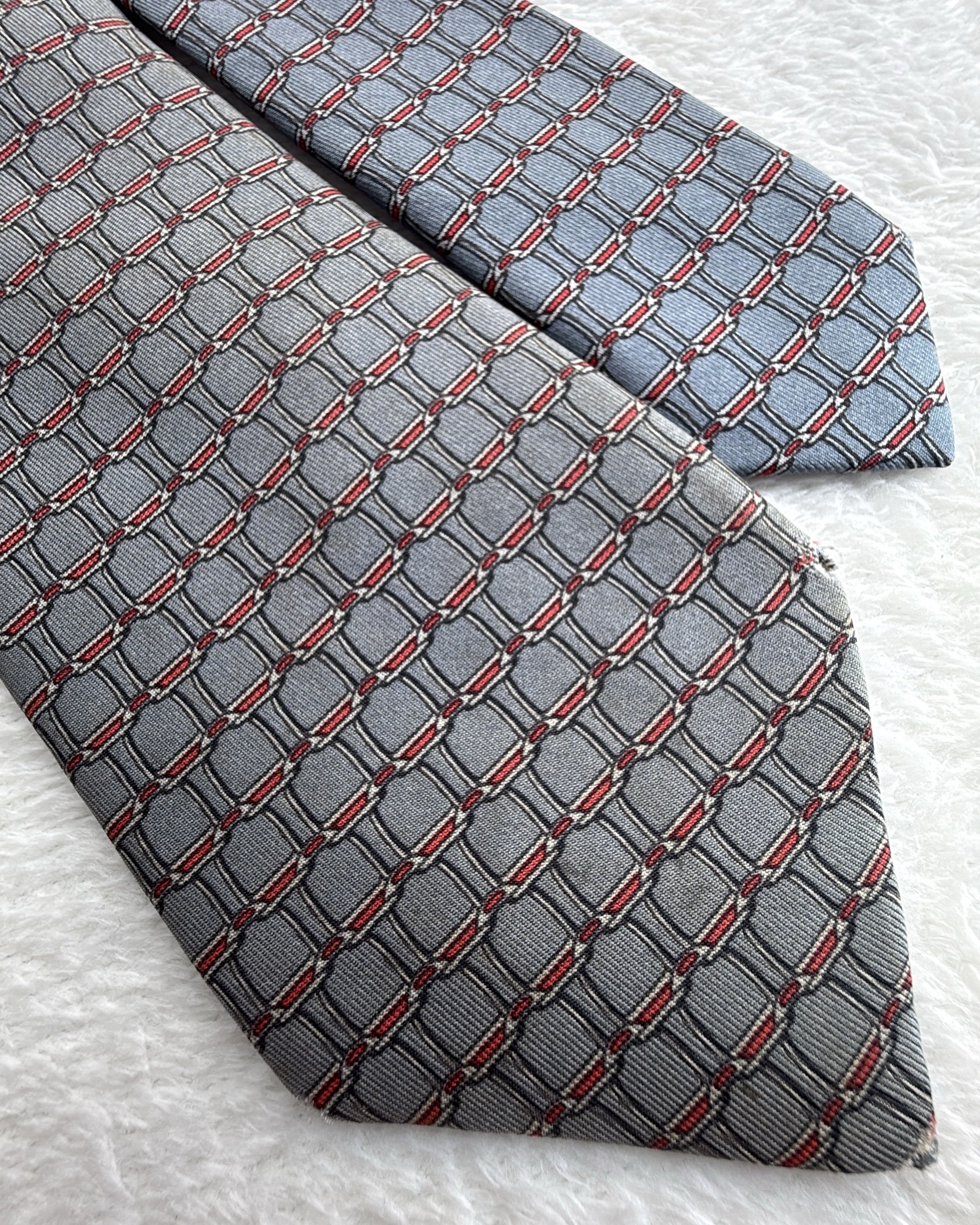 Hermès Paris Silk Tie 898 PA Geometric Grey Red Necktie Made in France