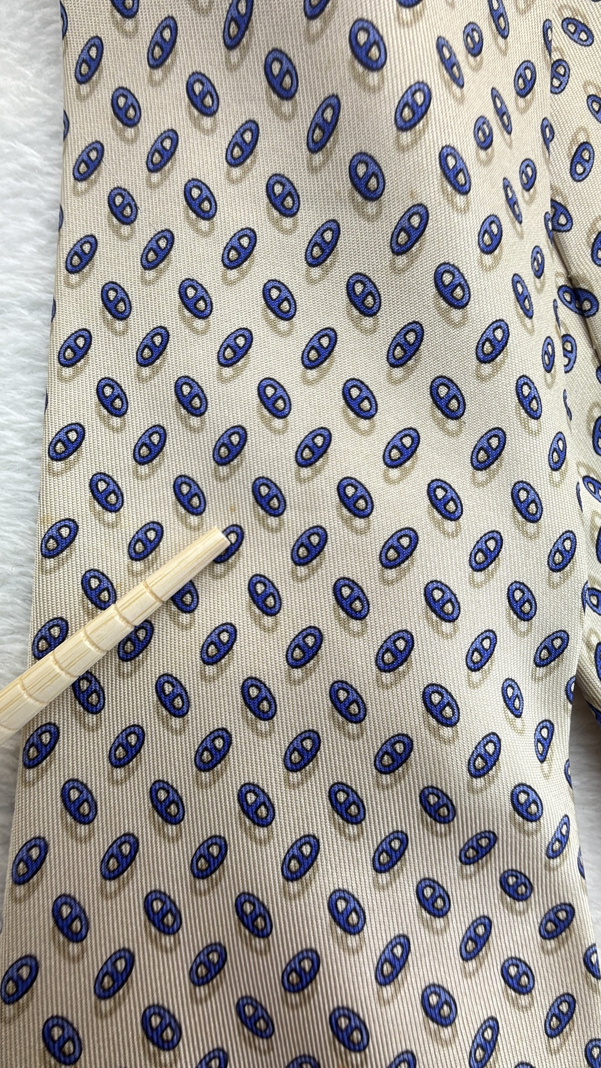 Hermès Paris Silk Tie Novelty/Motif Ivory Blue Necktie Made in France