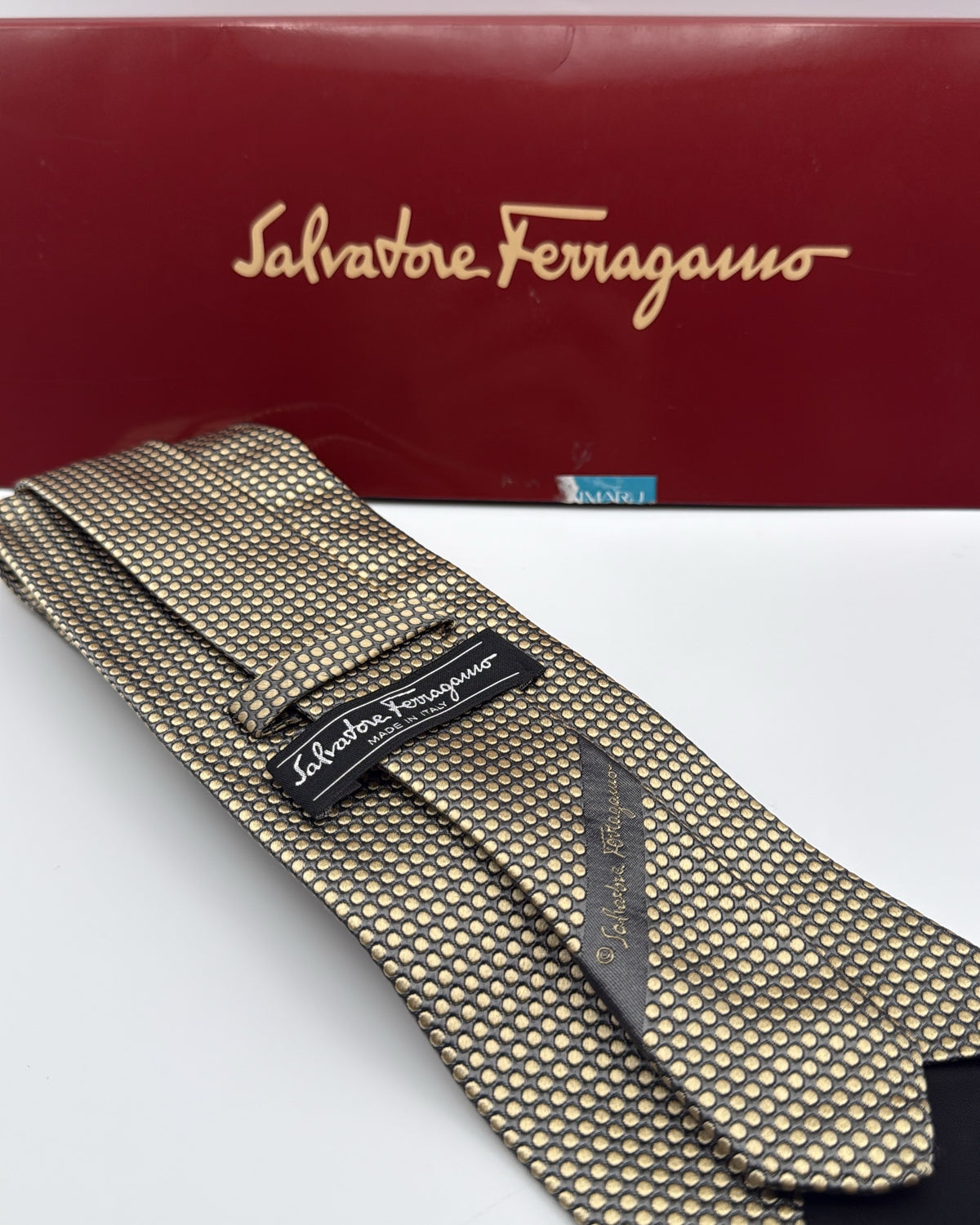 Salvatore Ferragamo Silk Tie Polka Dot/Dotted Gold Grey Necktie Made in Italy
