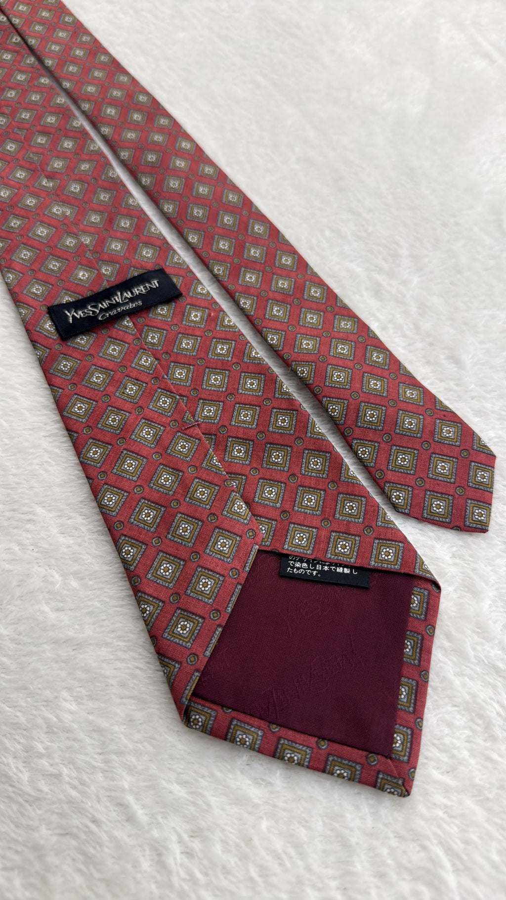 Yves Saint Laurent Silk Tie Geometric Burgundy Gold Necktie Made in Japan
