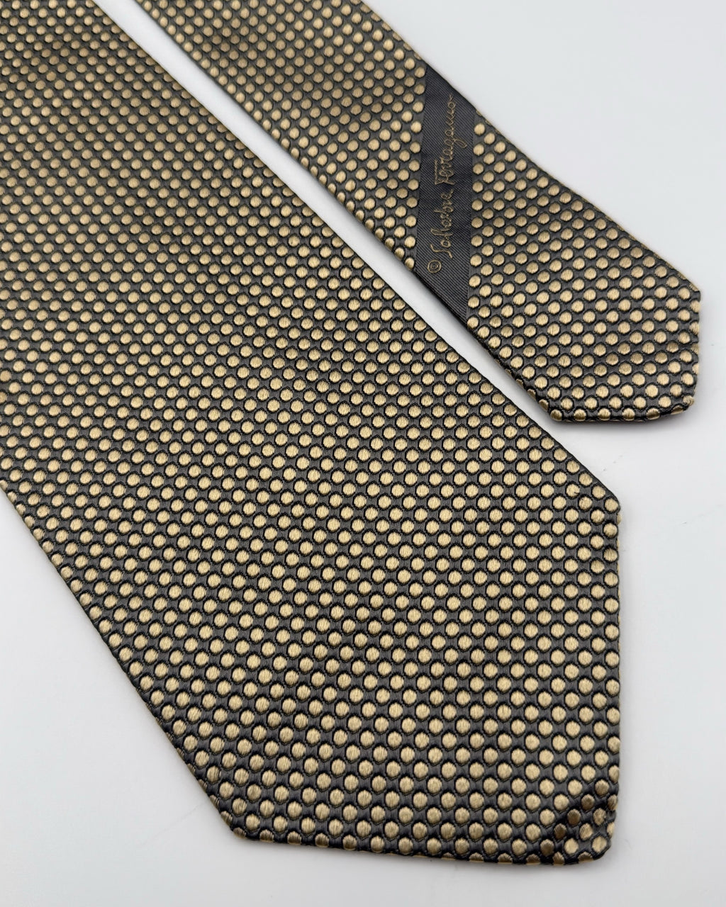 Salvatore Ferragamo Silk Tie Polka Dot/Dotted Gold Grey Necktie Made in Italy
