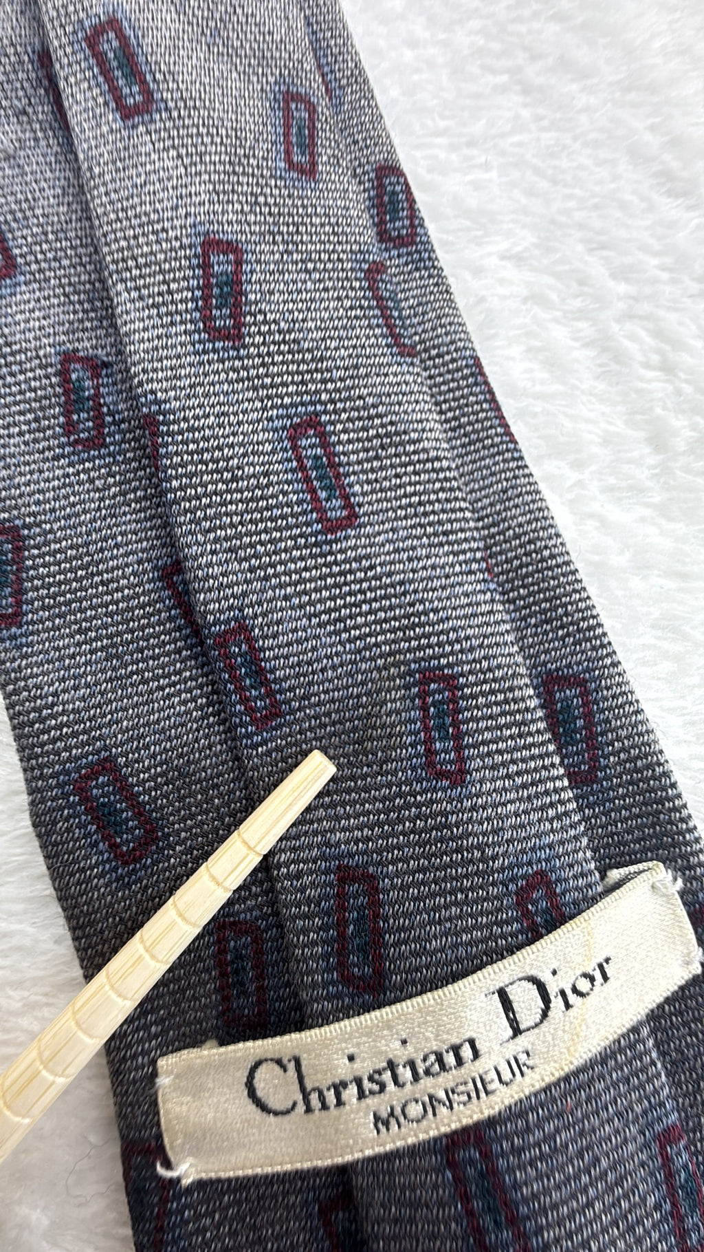 Vintage Christian Dior Silk, Wool Tie V-TK-03 Geometric Grey Burgundy Necktie