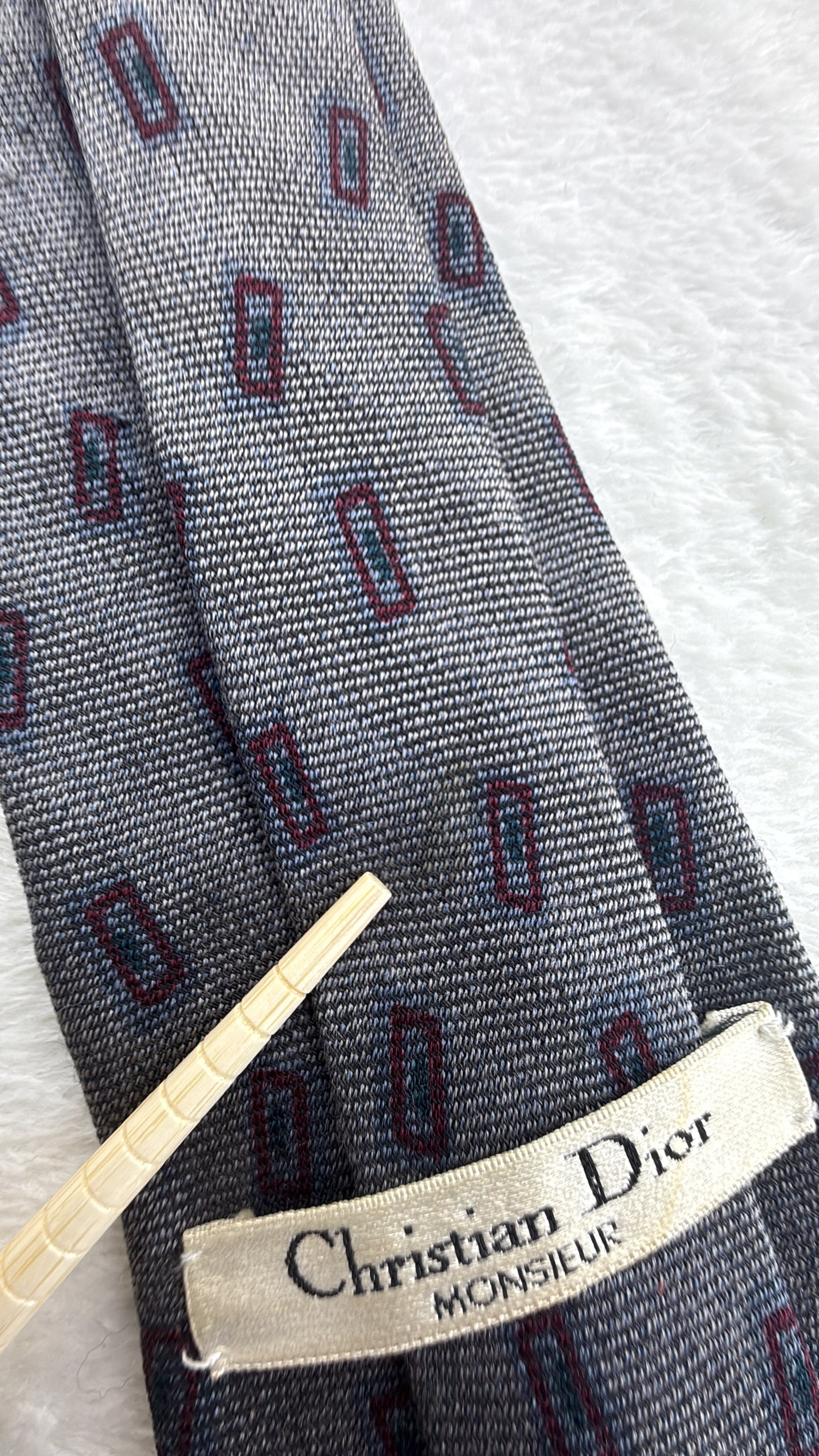 Vintage Christian Dior Silk, Wool Tie V-TK-03 Geometric Grey Burgundy Necktie