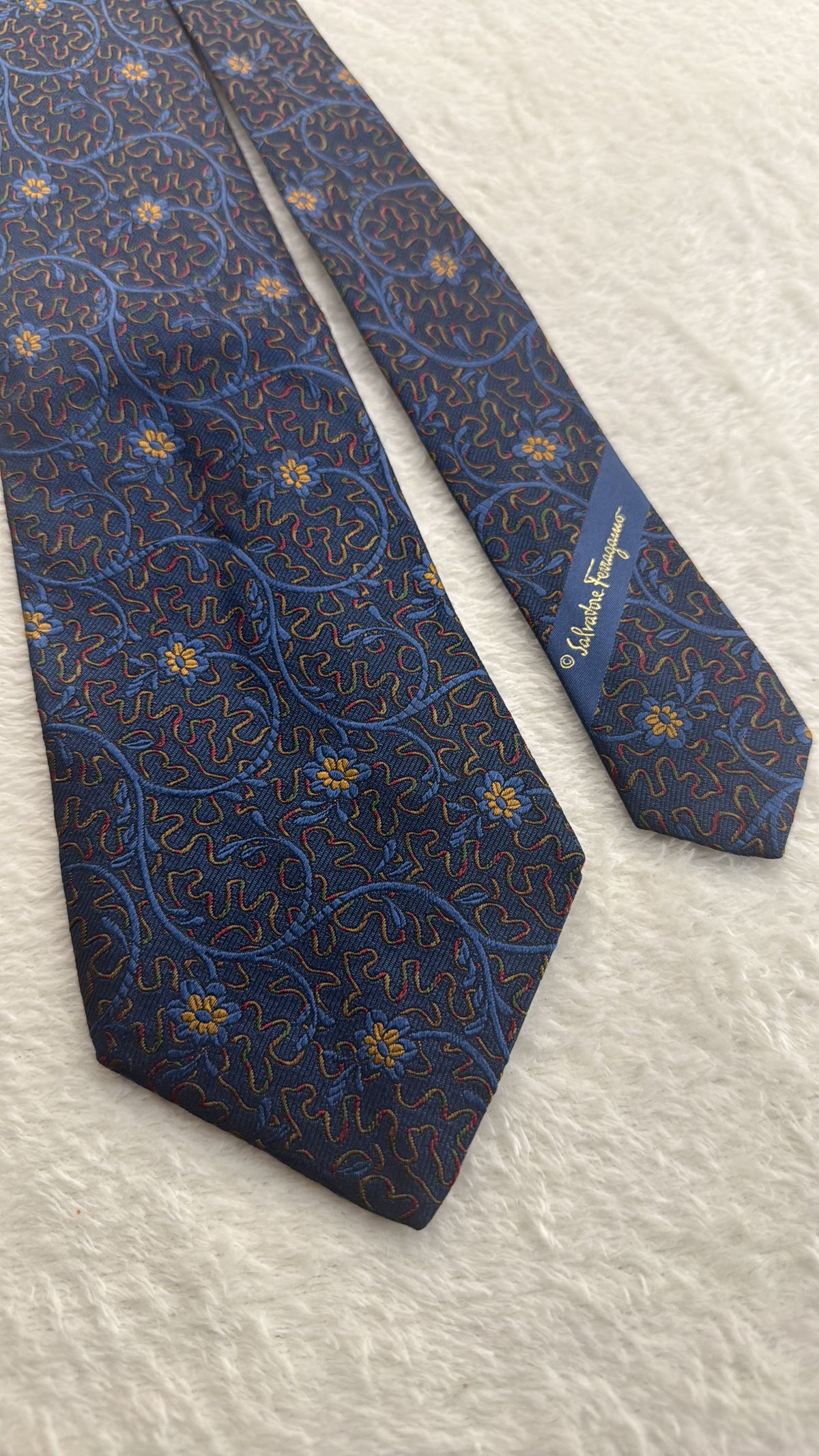 Salvatore Ferragamo Silk Tie Floral Navy Multicolor Necktie Made in Italy