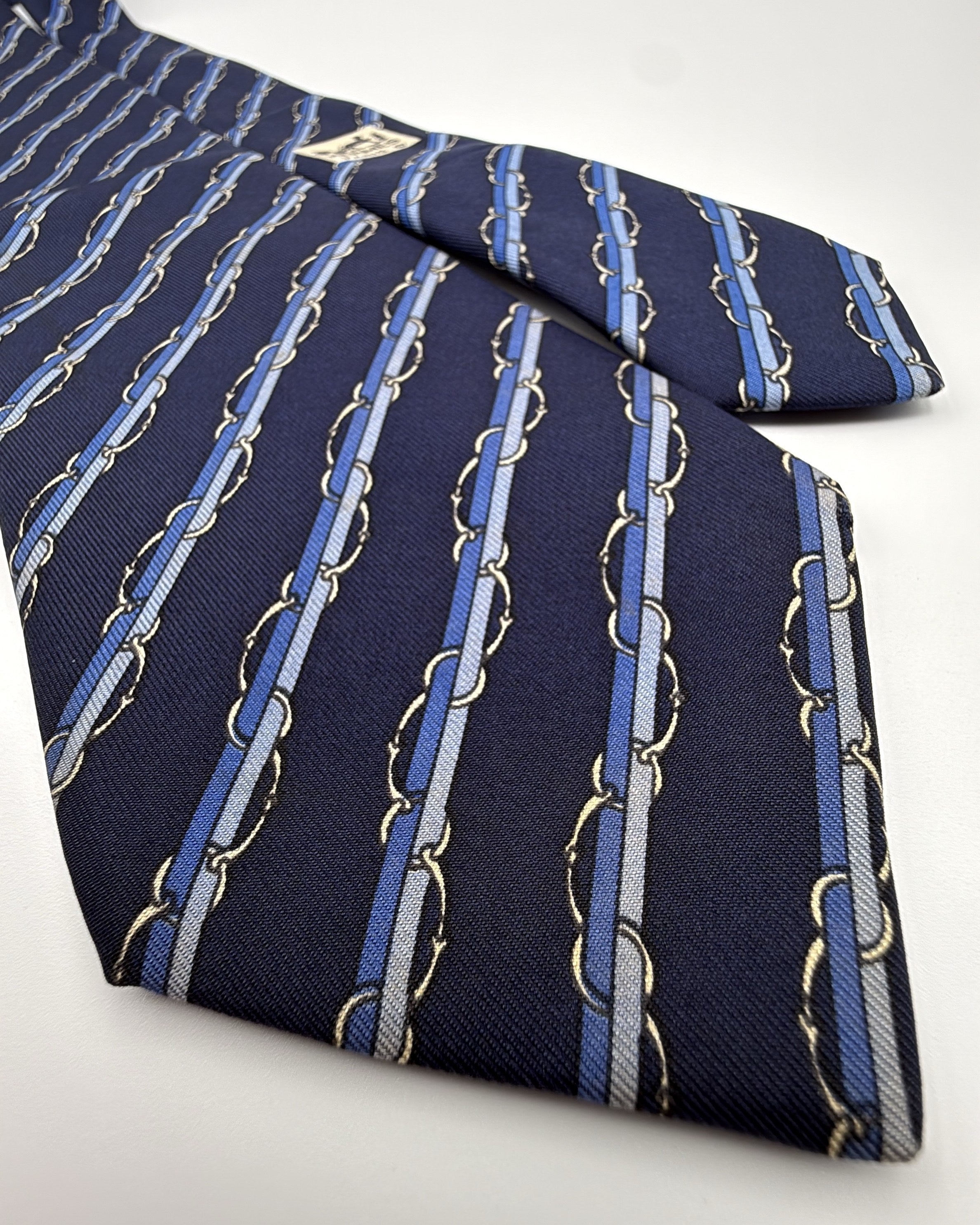 Hermès Paris Silk Tie 7041 TA Striped Navy Blue Necktie Made in France