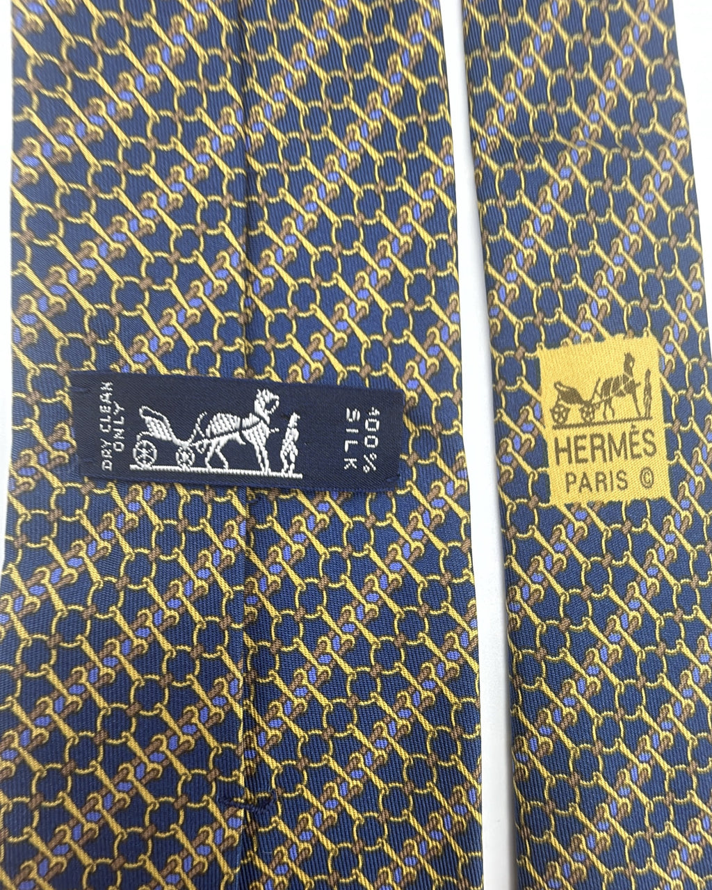 Hermès Paris Silk Tie 7200 UA Geometric Navy Gold Necktie Made in France