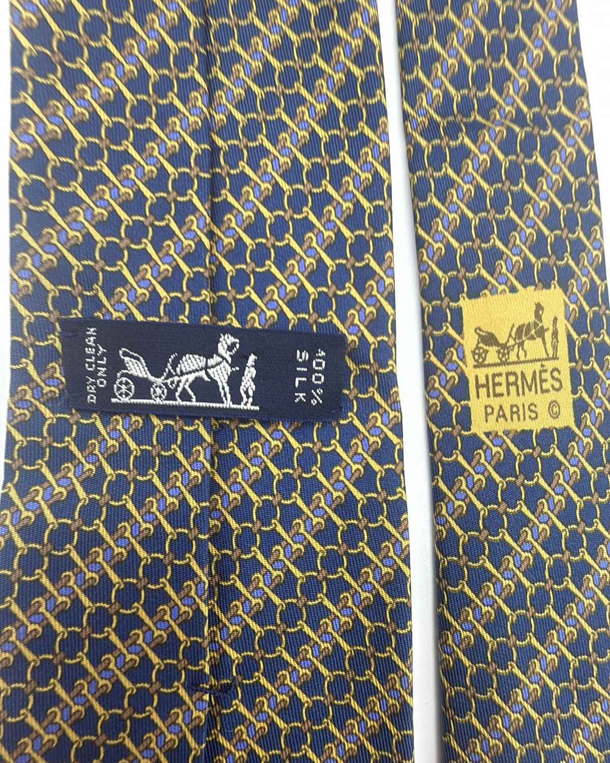 Hermès Paris Silk Tie 7200 UA Geometric Navy Gold Necktie Made in France