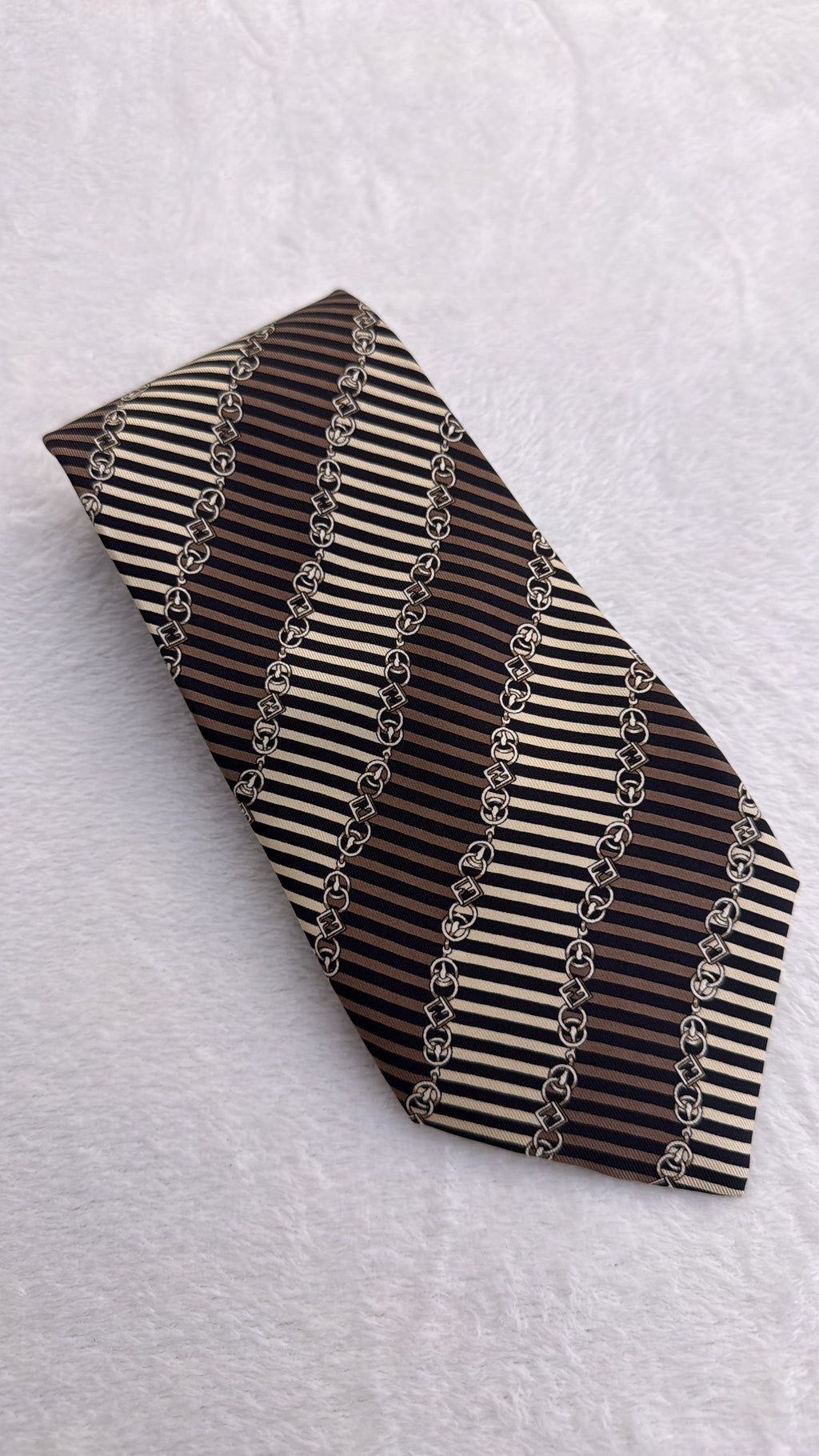 Fendi Silk Tie Striped Brown Beige Necktie Made in Italy