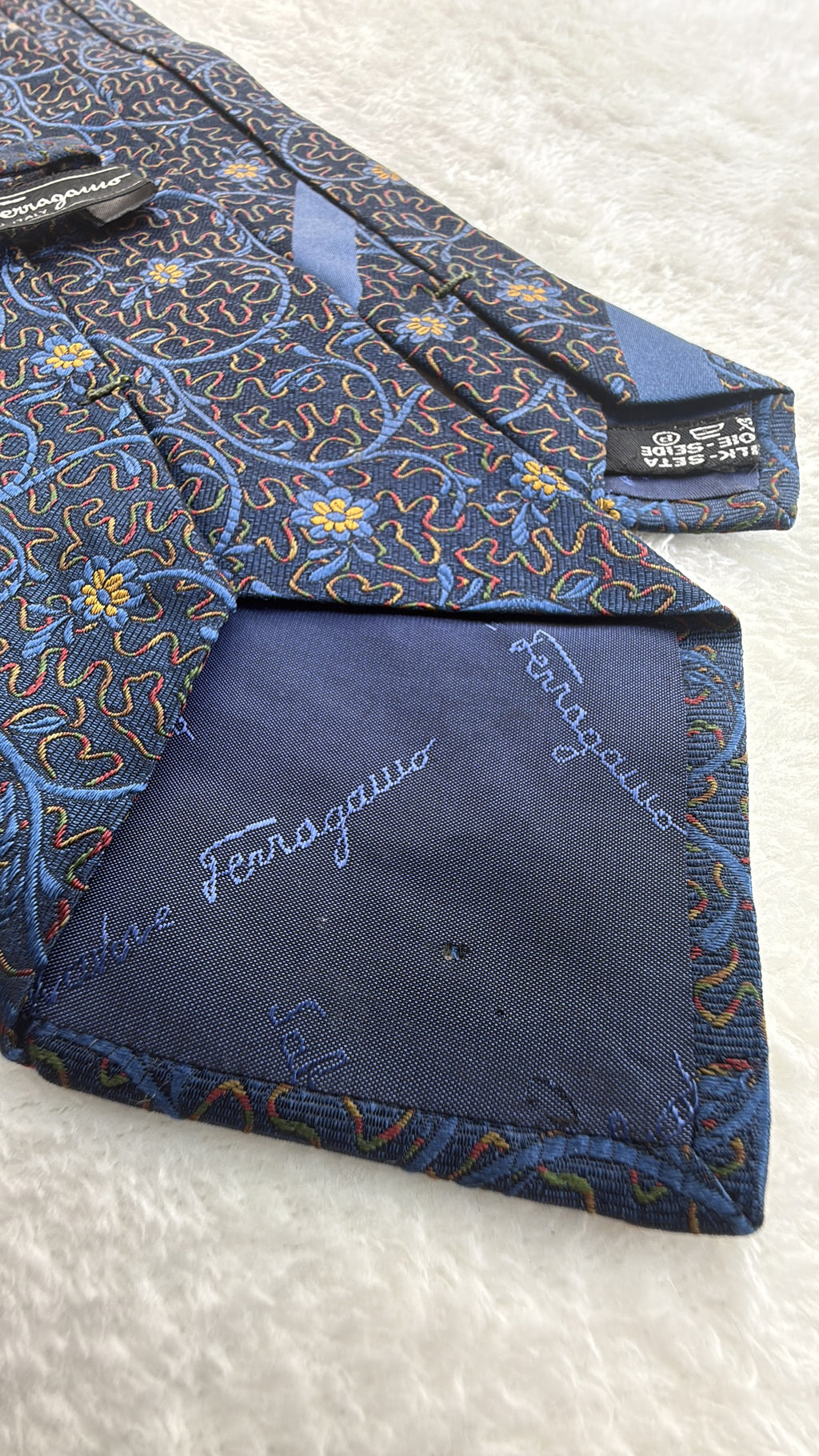 Salvatore Ferragamo Silk Tie Floral Navy Multicolor Necktie Made in Italy