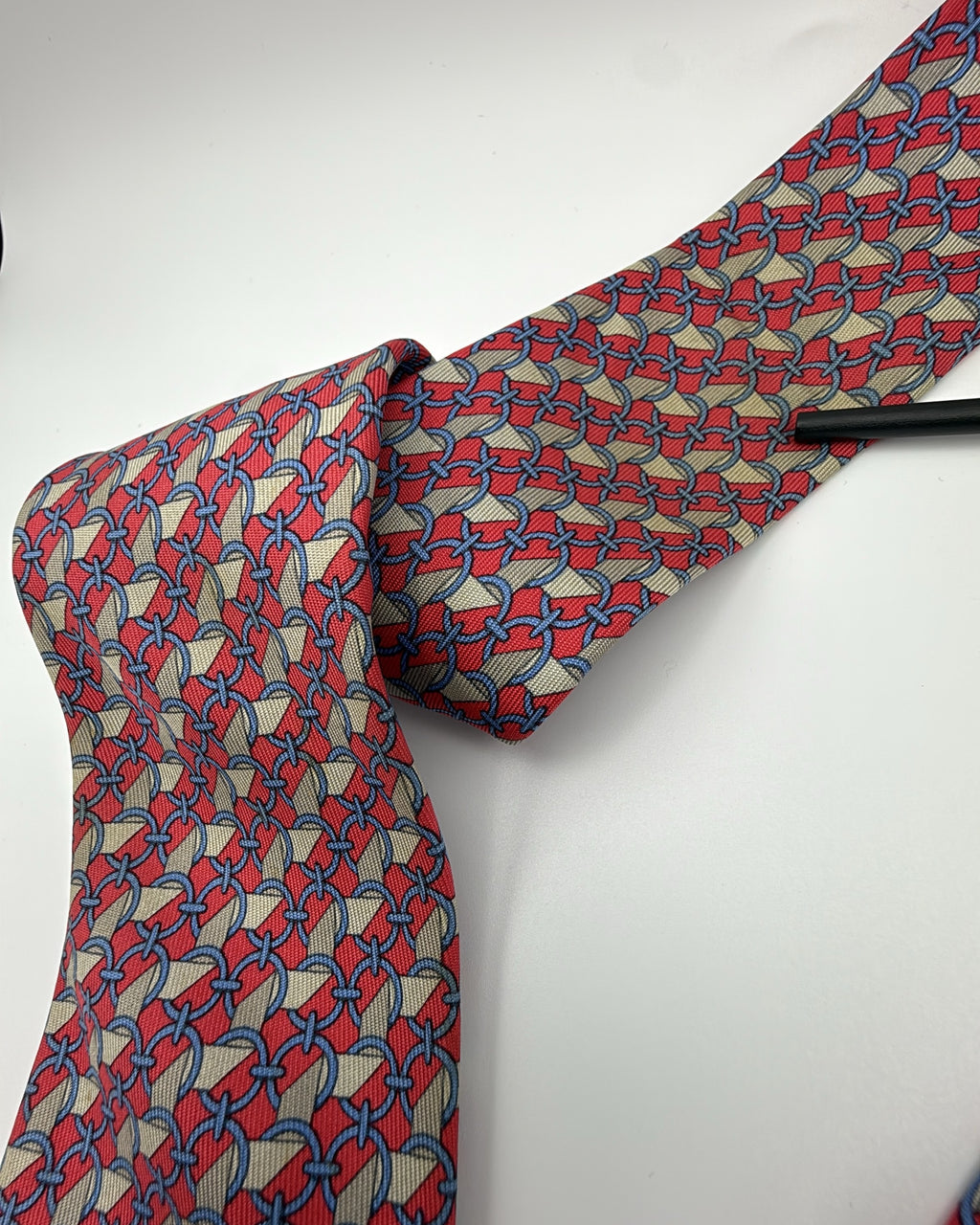 Hermès Paris Silk Tie 7112 FA Geometric Chain Red Blue Necktie Made in France