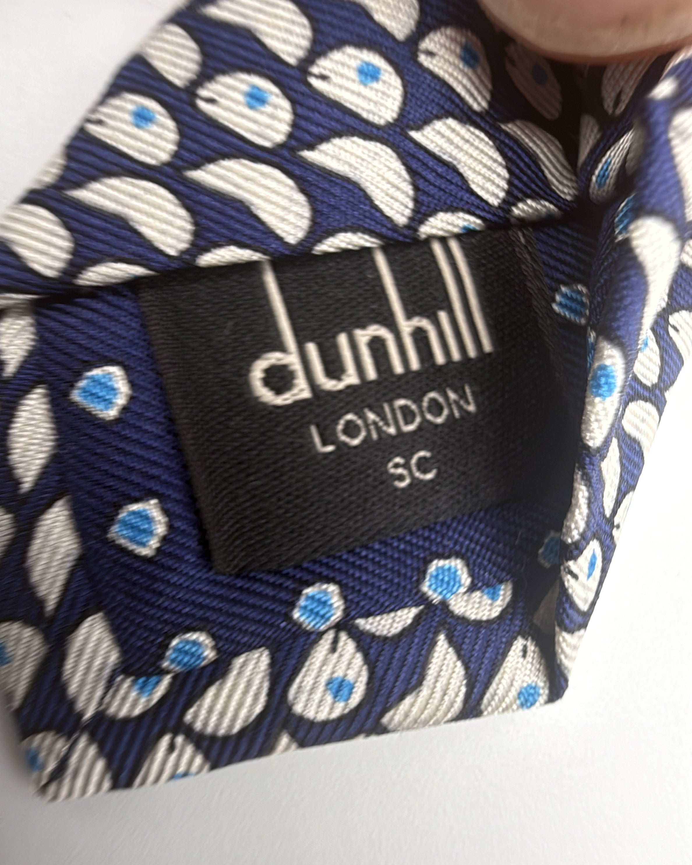 Alfred Dunhill Silk Tie Geometric Stylized Eye/droplet Shapes Navy White Necktie