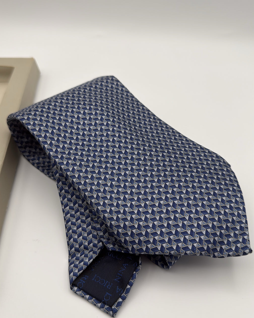 Nina Ricci Silk Tie Geometric Navy Grey Necktie Made in France