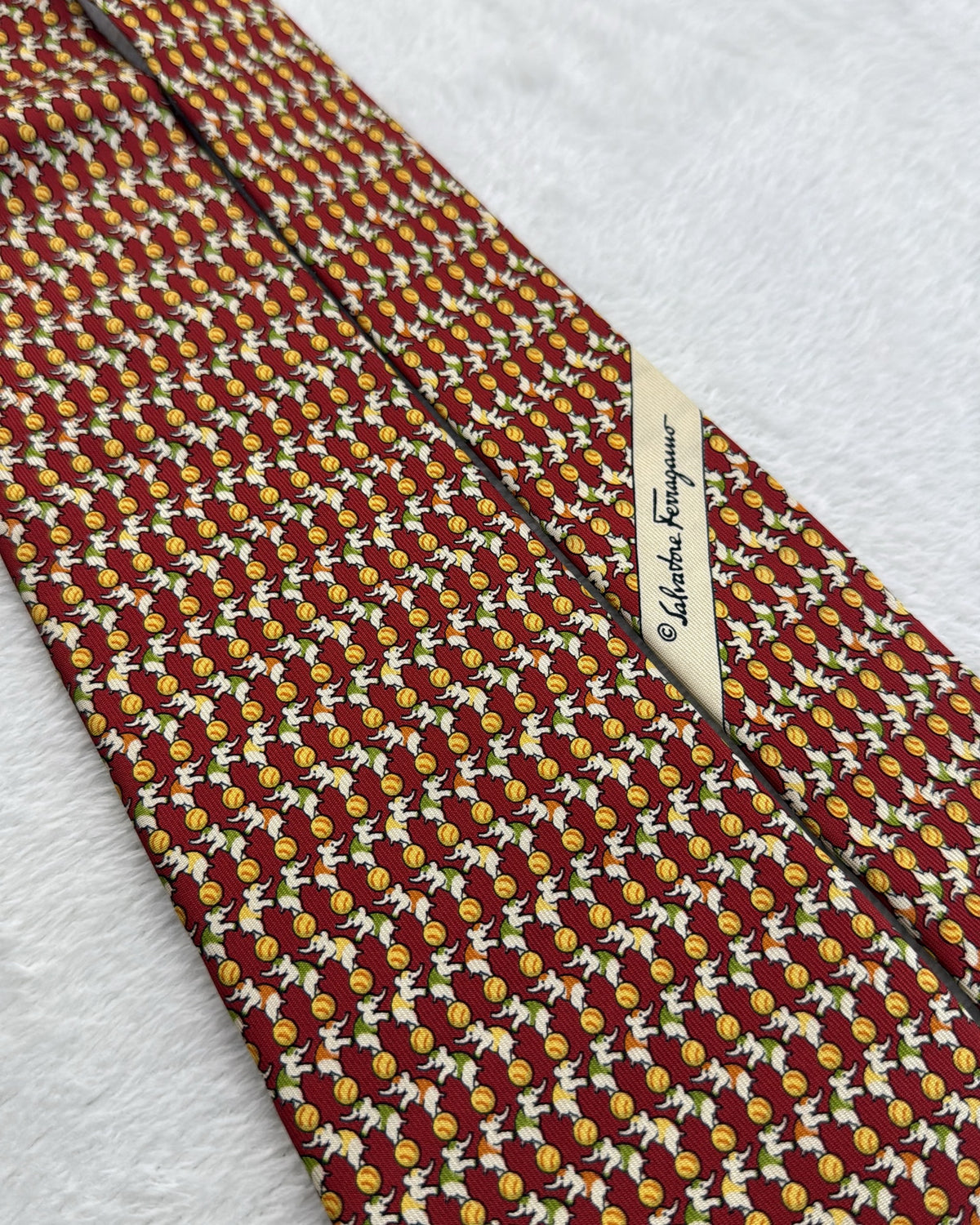 Salvatore Ferragamo Silk Tie Novelty/Motif Burgundy Yellow Necktie Made in Italy