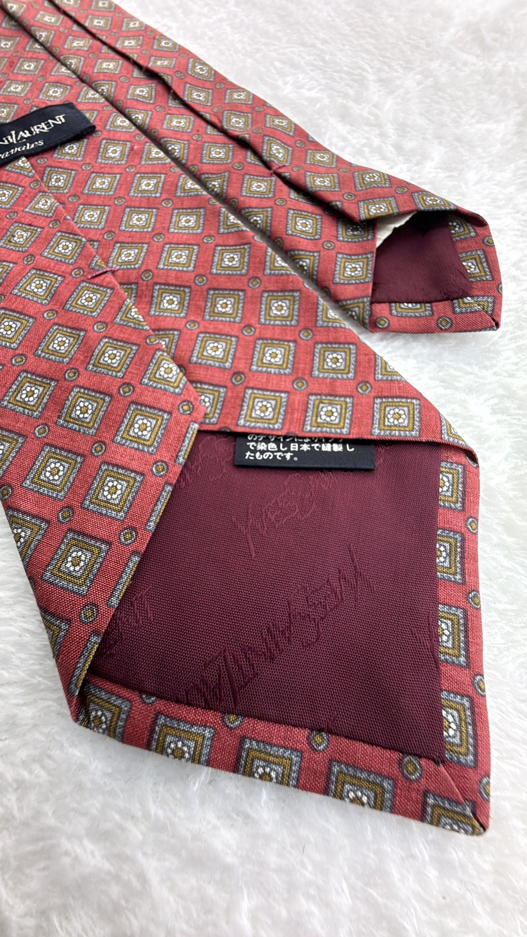 Yves Saint Laurent Silk Tie Geometric Burgundy Gold Necktie Made in Japan
