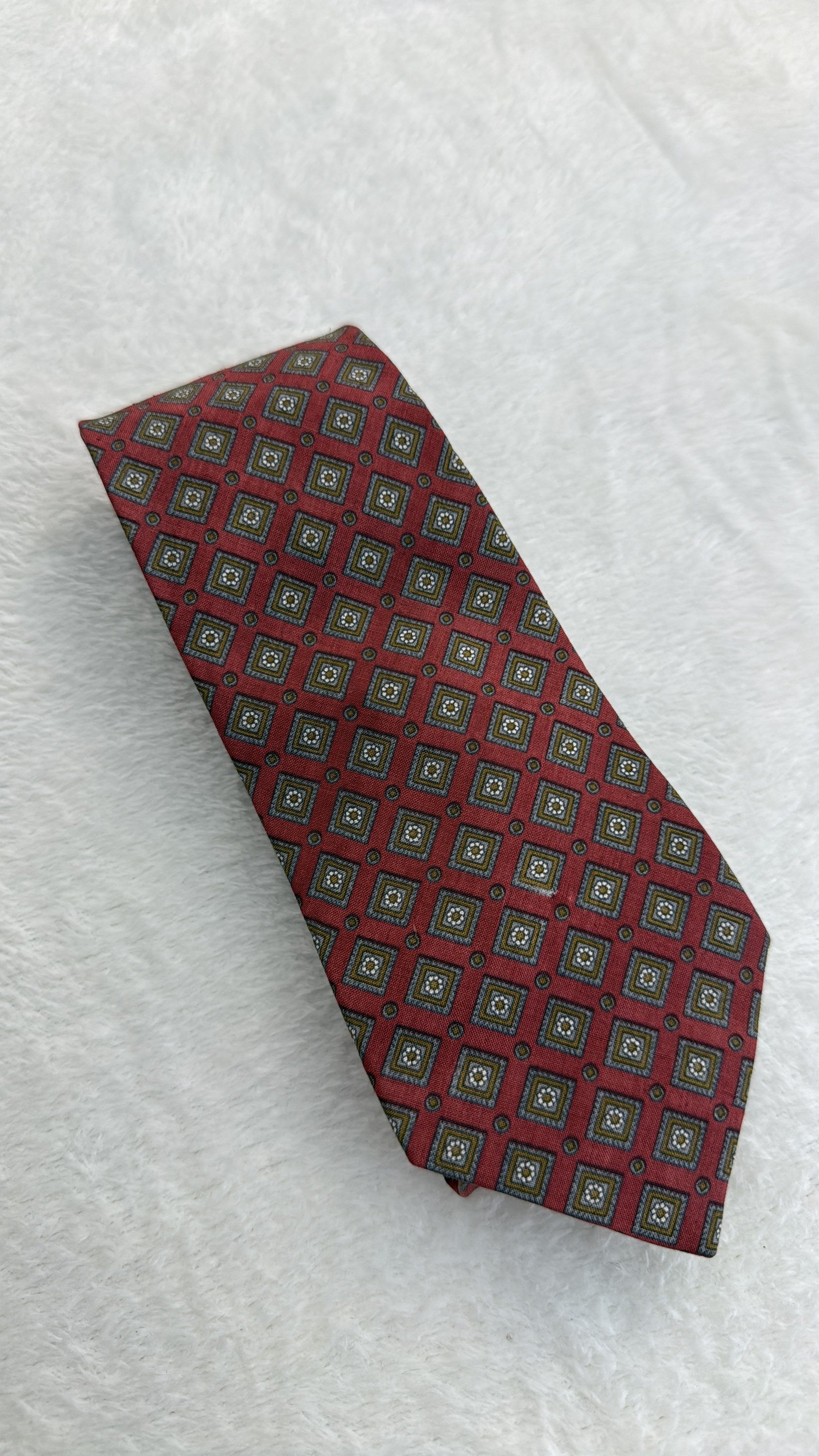 Yves Saint Laurent Silk Tie Geometric Burgundy Gold Necktie Made in Japan