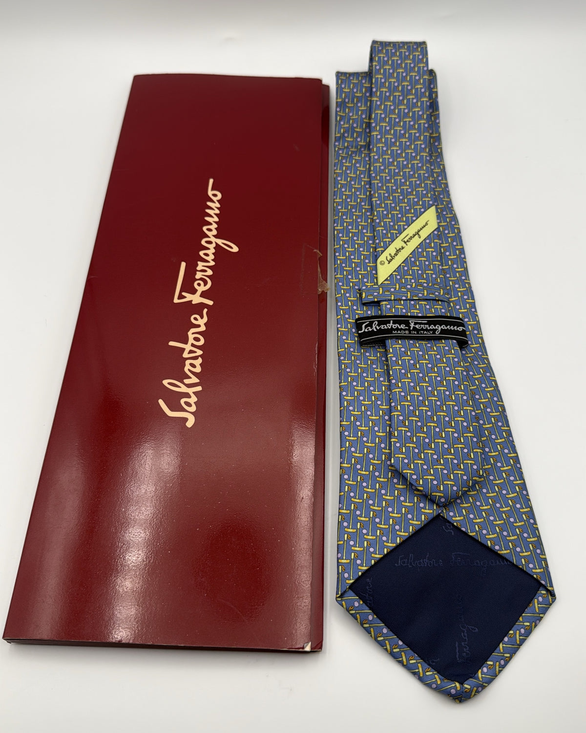 Salvatore Ferragamo Silk Tie Novelty/Motif Golf Blue Yellow Necktie