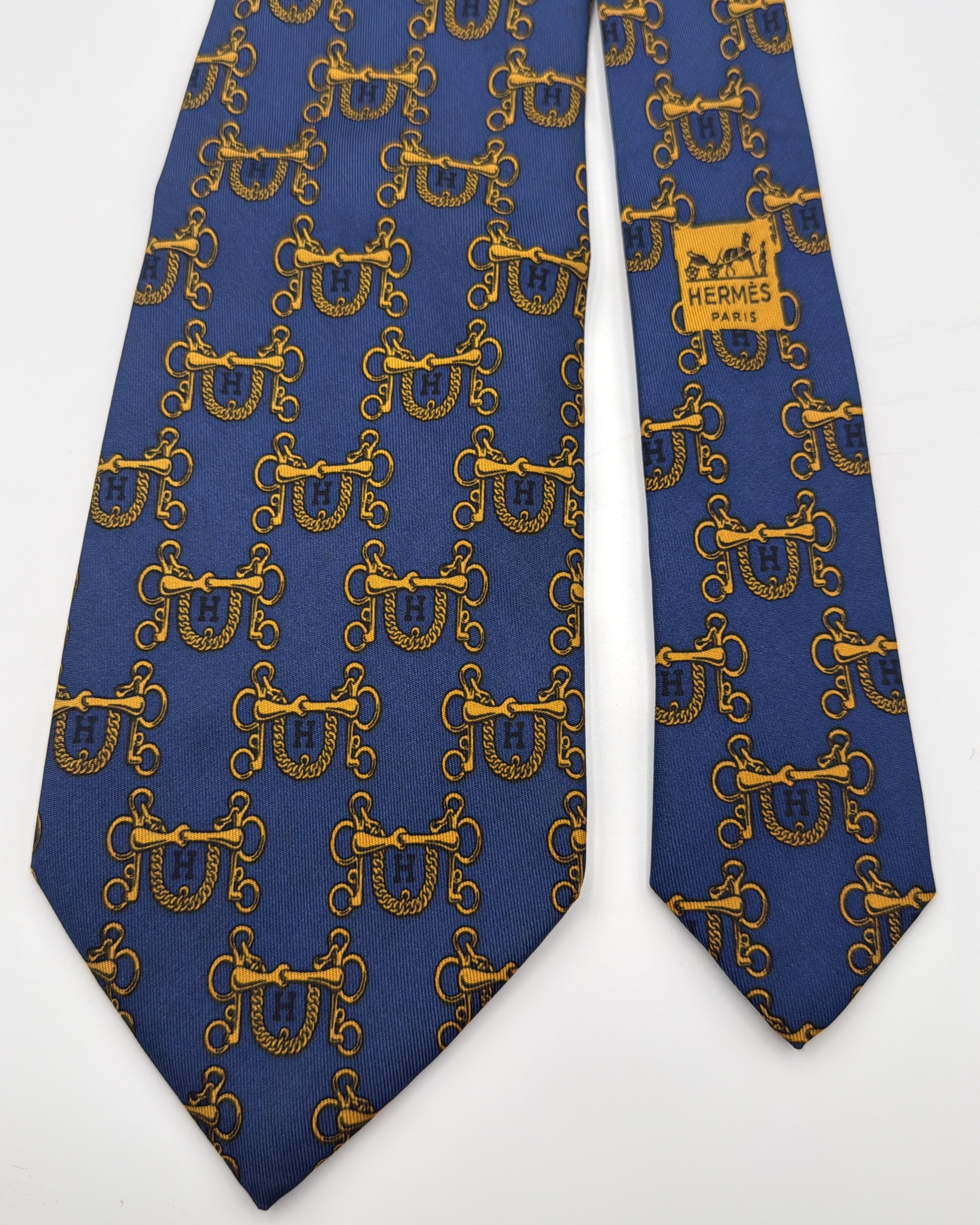 Vintage Hermès Paris Silk Tie 631 TA Novelty/Motif Equestrian Blue Gold Necktie