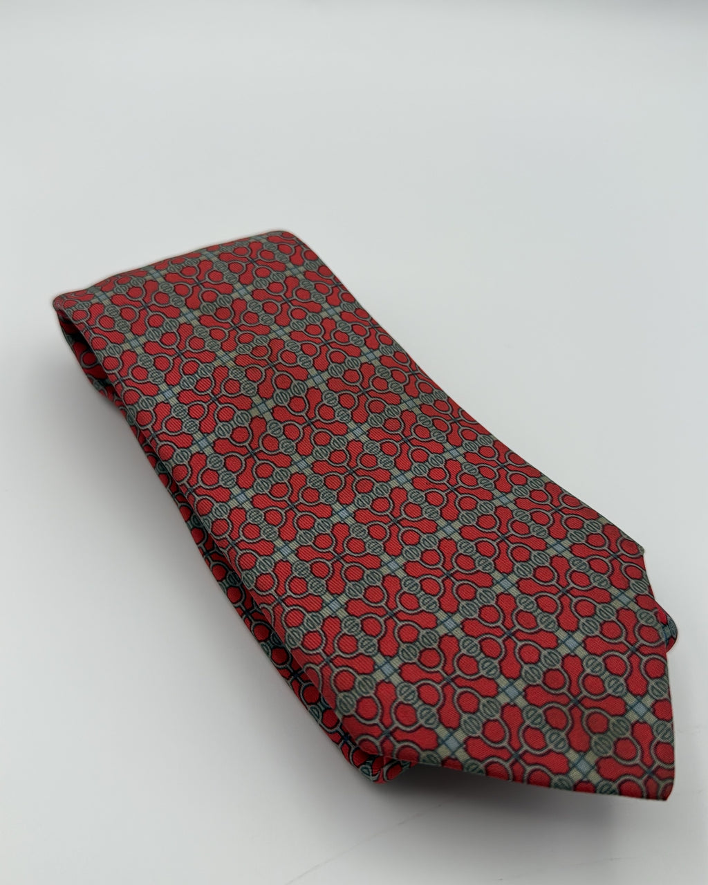 Vintage Hermès Paris Silk Tie 7076 OA Geometric Chains/links Red Grey Necktie
