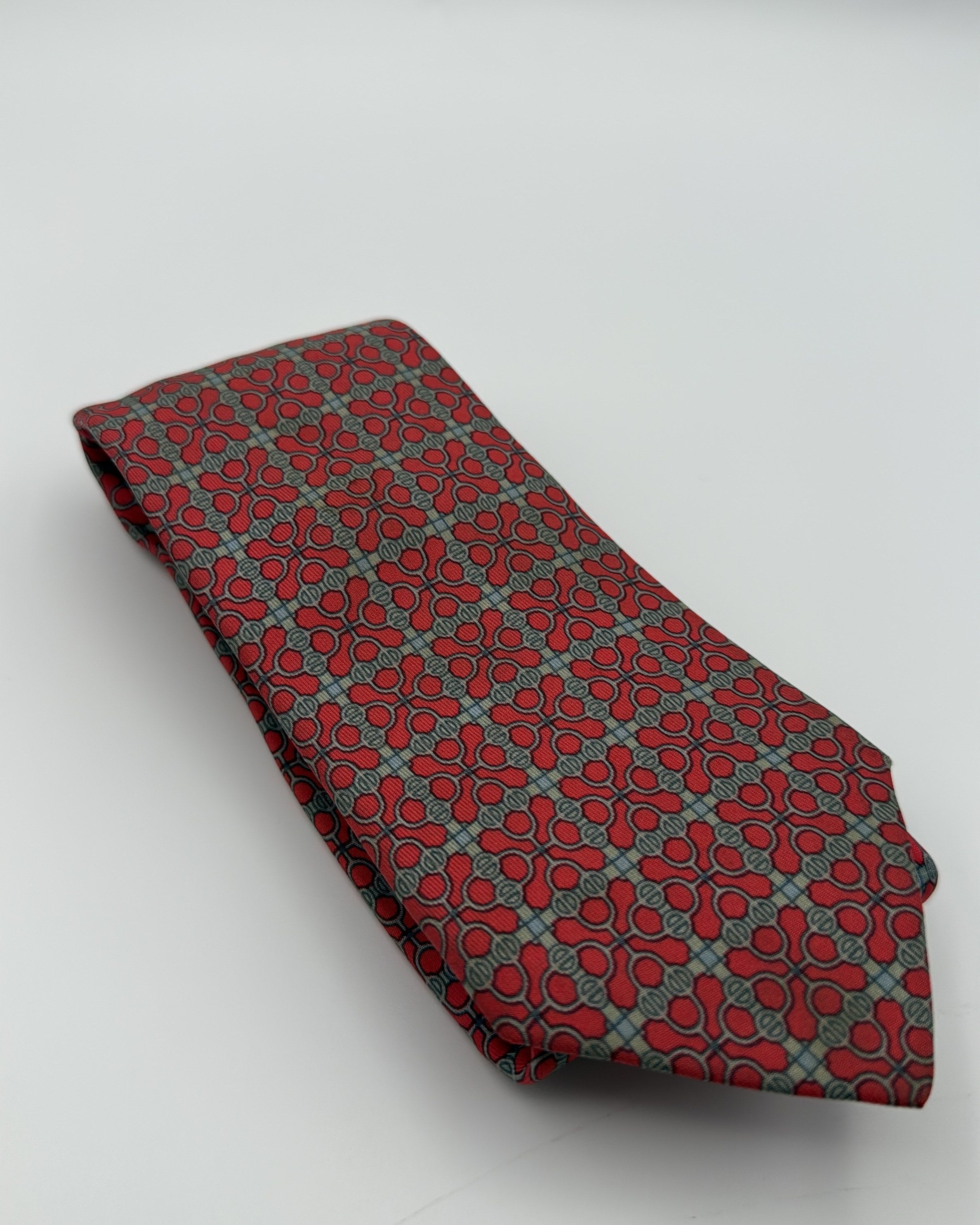 Vintage Hermès Paris Silk Tie 7076 OA Geometric Chains/links Red Grey Necktie