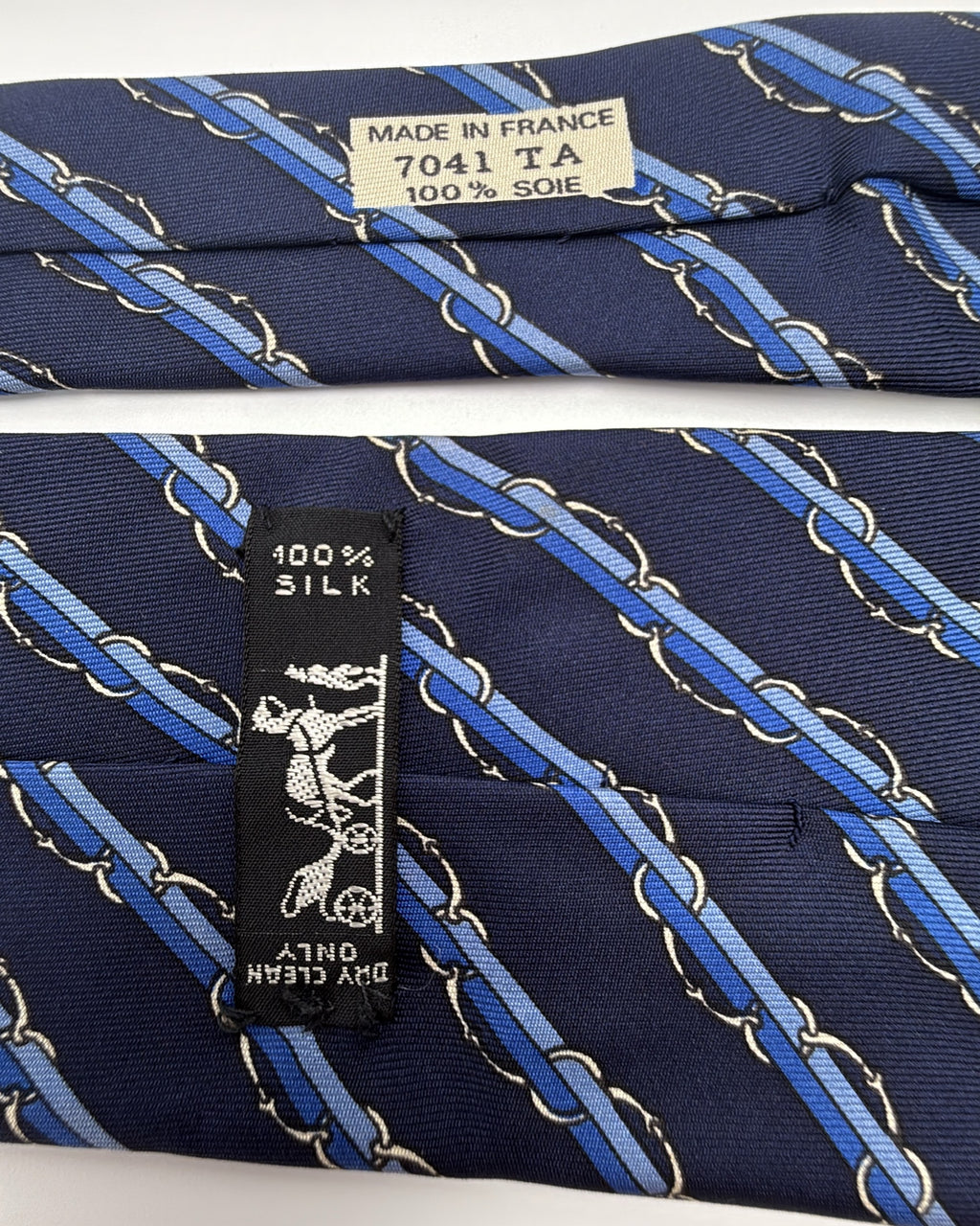 Hermès Paris Silk Tie 7041 TA Striped Navy Blue Necktie Made in France