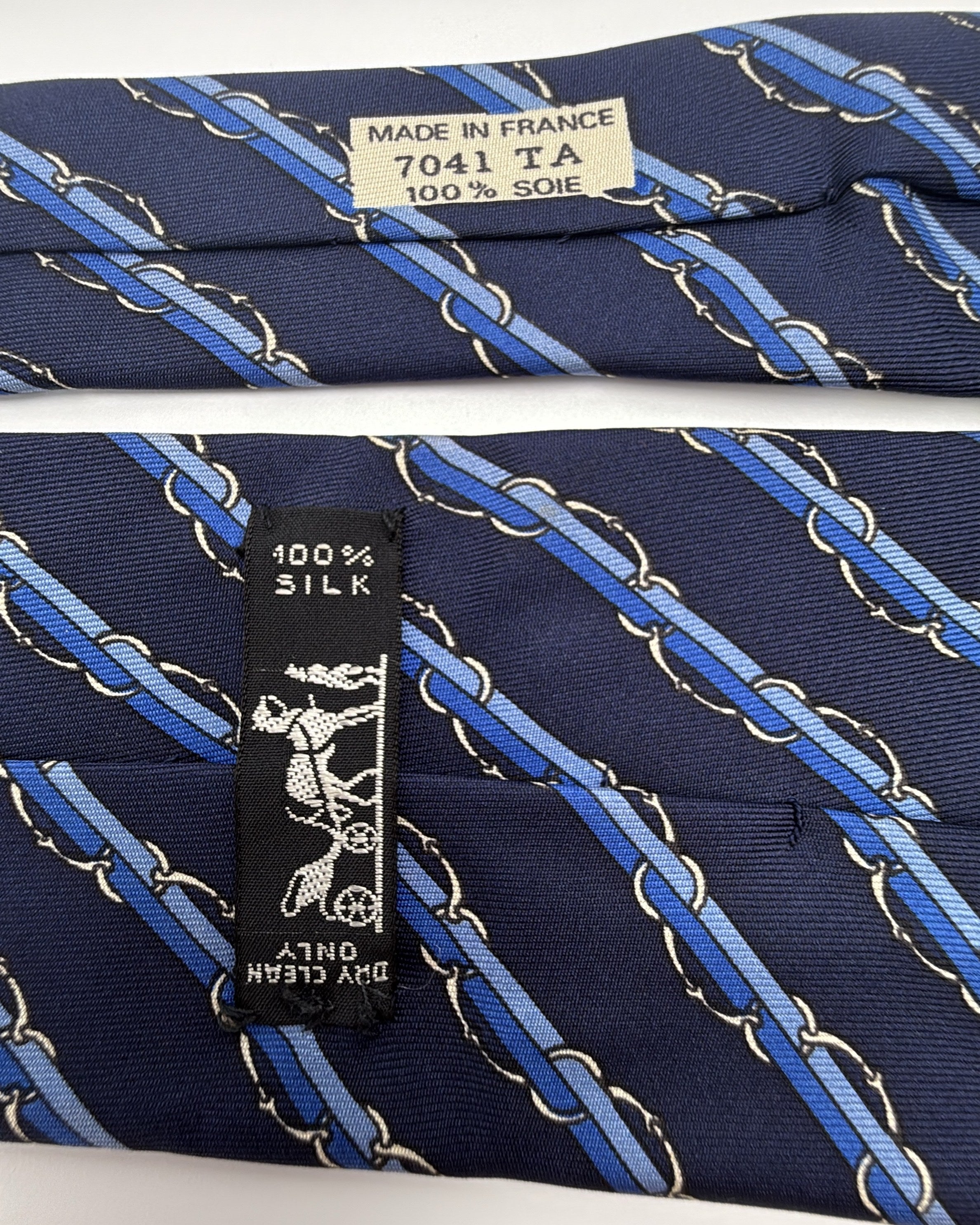 Hermès Paris Silk Tie 7041 TA Striped Navy Blue Necktie Made in France