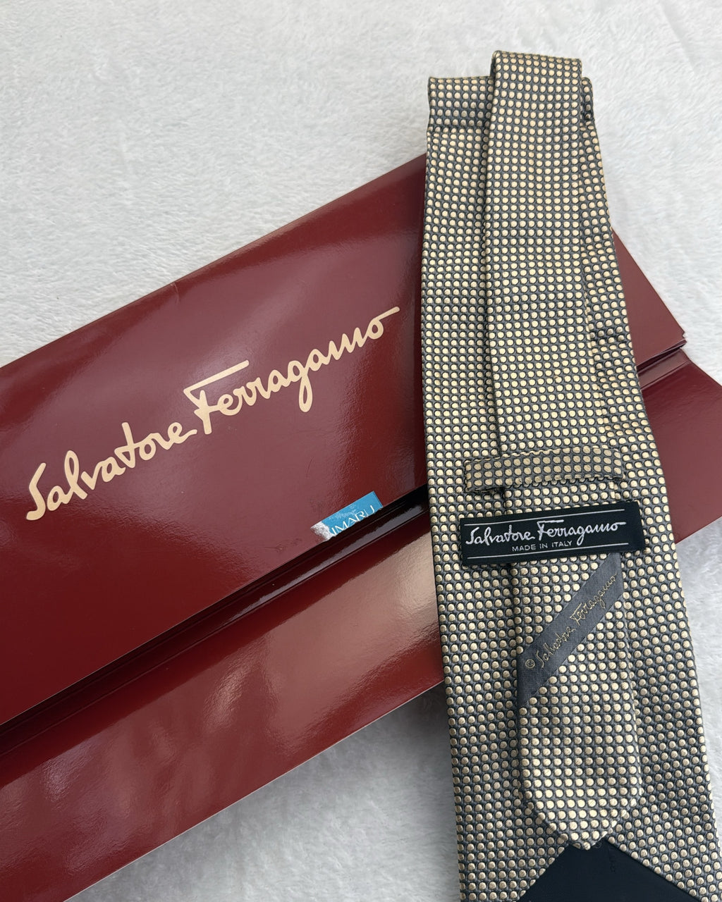Salvatore Ferragamo Silk Tie Polka Dot/Dotted Gold Grey Necktie Made in Italy