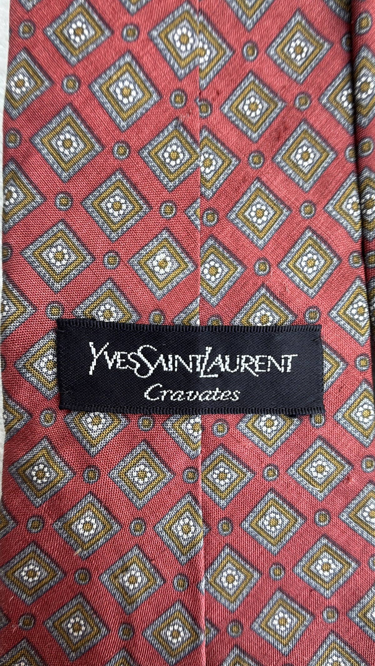 Yves Saint Laurent Silk Tie Geometric Burgundy Gold Necktie Made in Japan