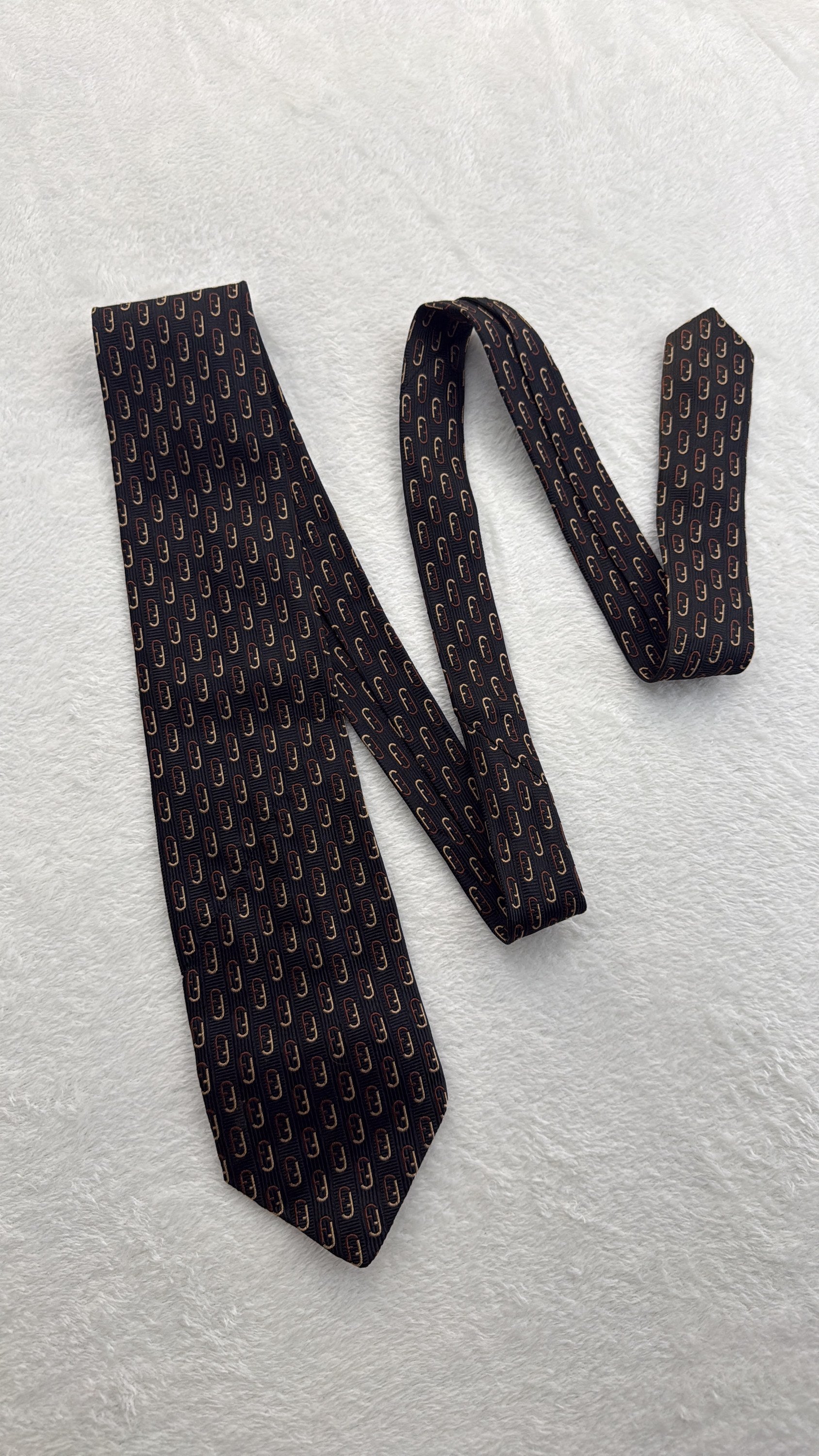 Fendi Tie Fendi Ff Logo Black Brown Necktie Made in Italy