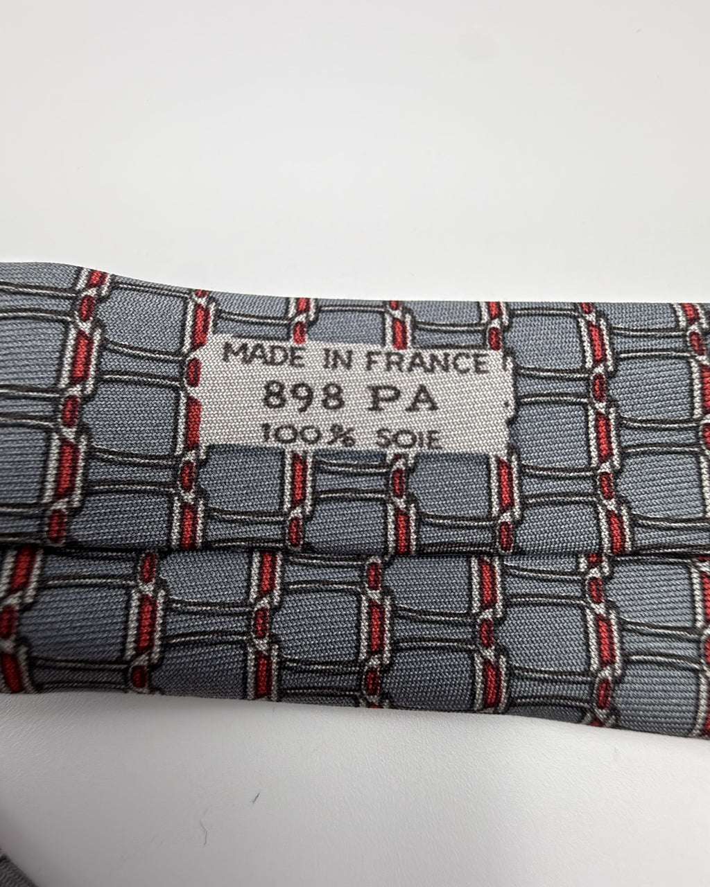 Hermès Paris Silk Tie 898 PA Geometric Grey Red Necktie Made in France