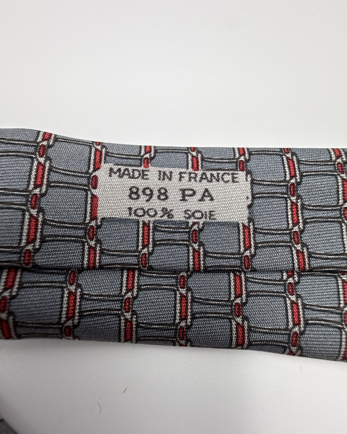 Hermès Paris Silk Tie 898 PA Geometric Grey Red Necktie Made in France
