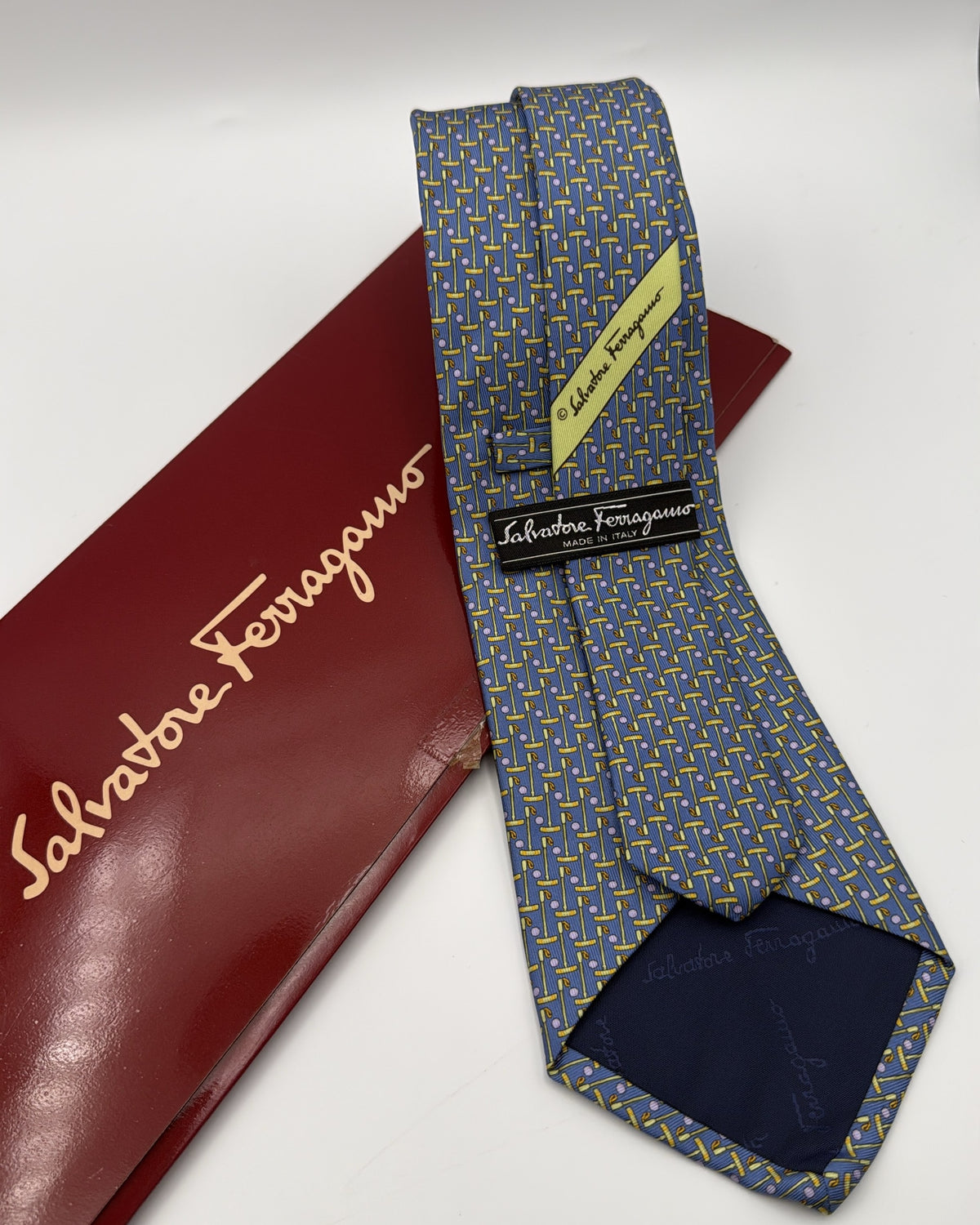 Salvatore Ferragamo Silk Tie Novelty/Motif Golf Blue Yellow Necktie