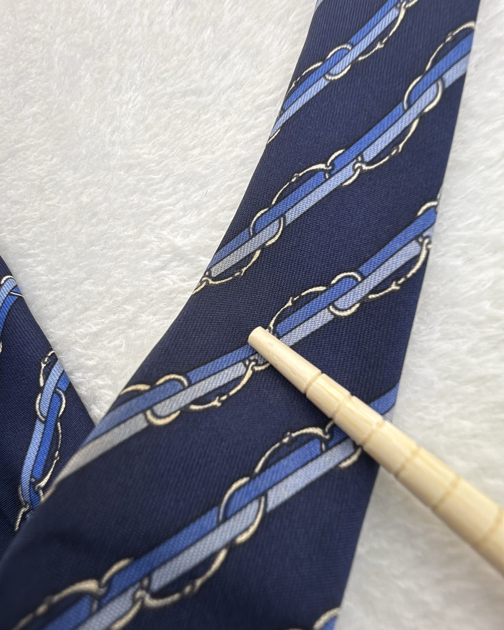 Hermès Paris Silk Tie 7041 TA Striped Navy Blue Necktie Made in France