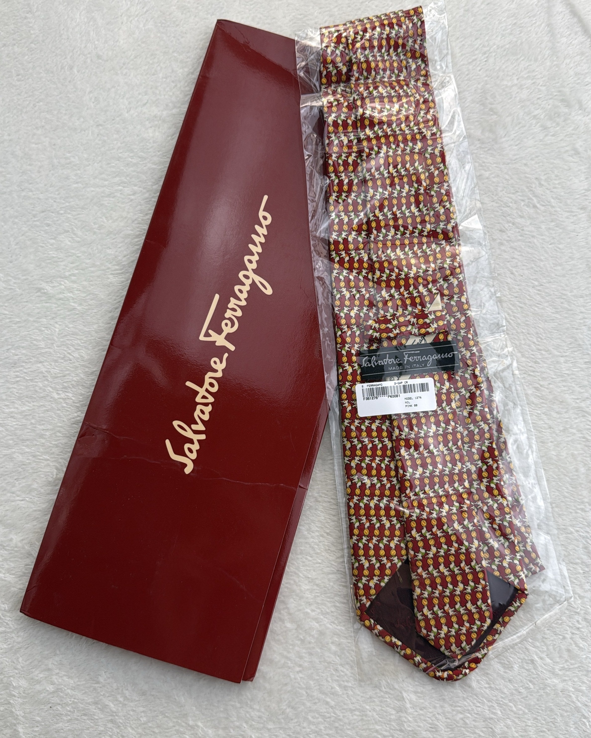 Salvatore Ferragamo Silk Tie Novelty/Motif Burgundy Yellow Necktie Made in Italy