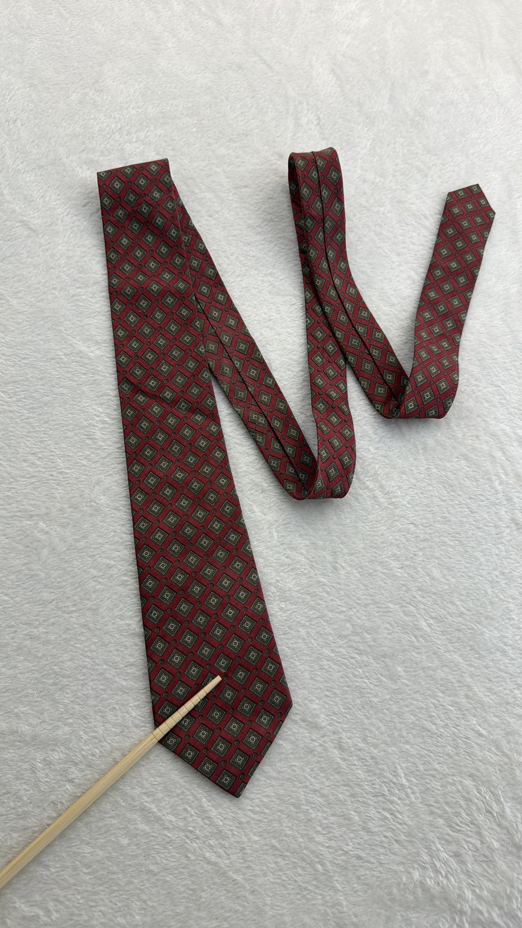 Yves Saint Laurent Silk Tie Geometric Burgundy Gold Necktie Made in Japan