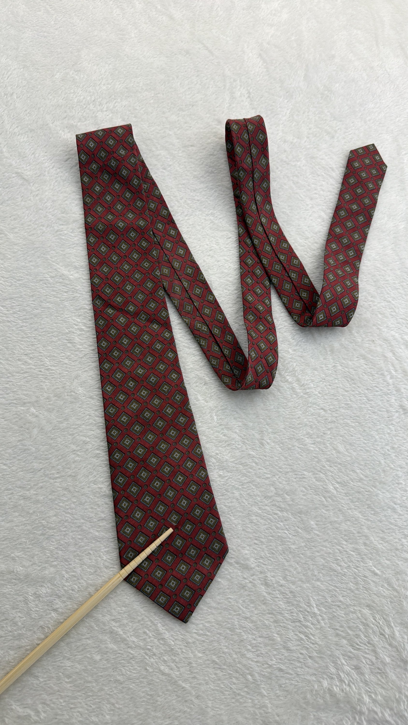 Yves Saint Laurent Silk Tie Geometric Burgundy Gold Necktie Made in Japan