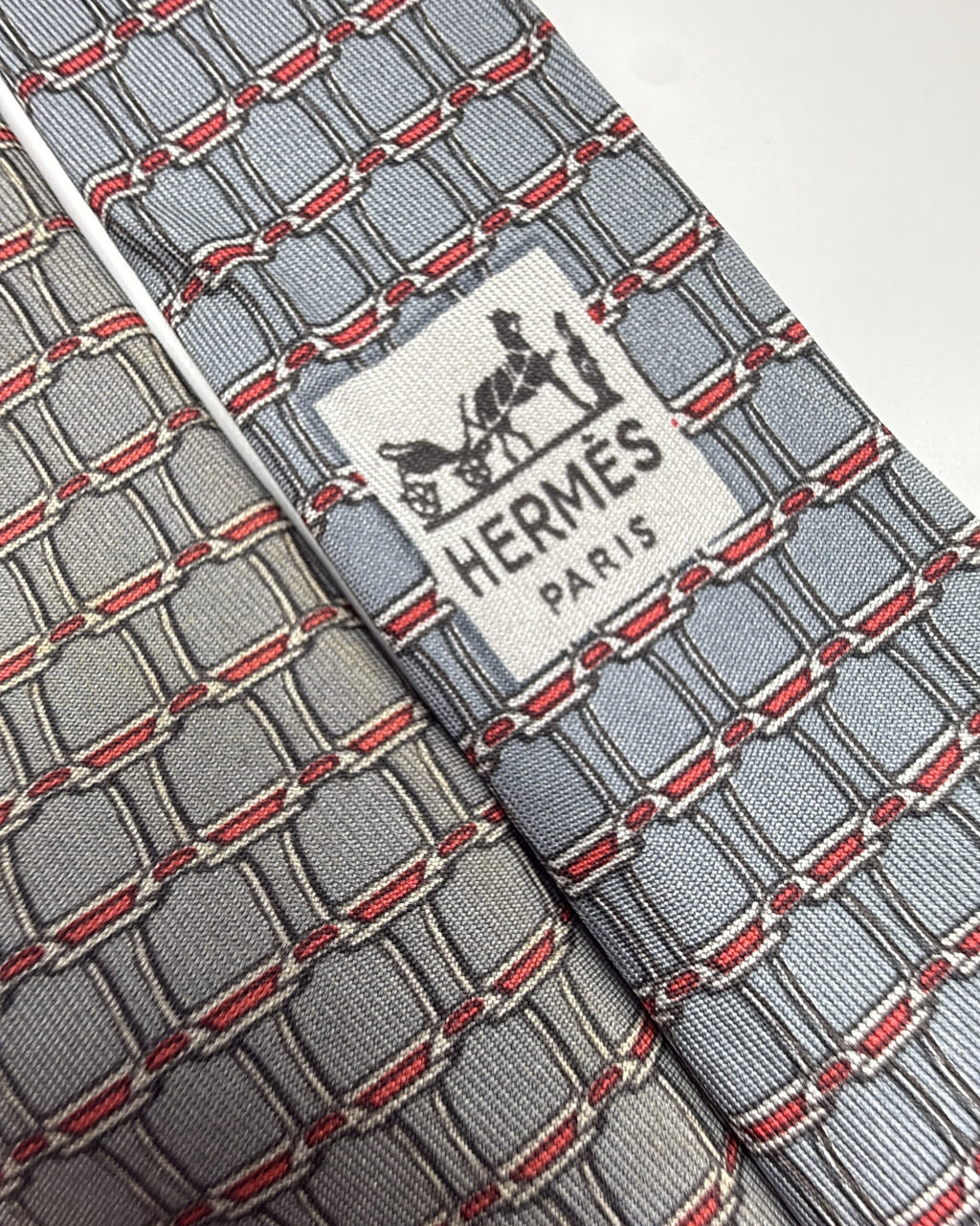 Hermès Paris Silk Tie 898 PA Geometric Grey Red Necktie Made in France