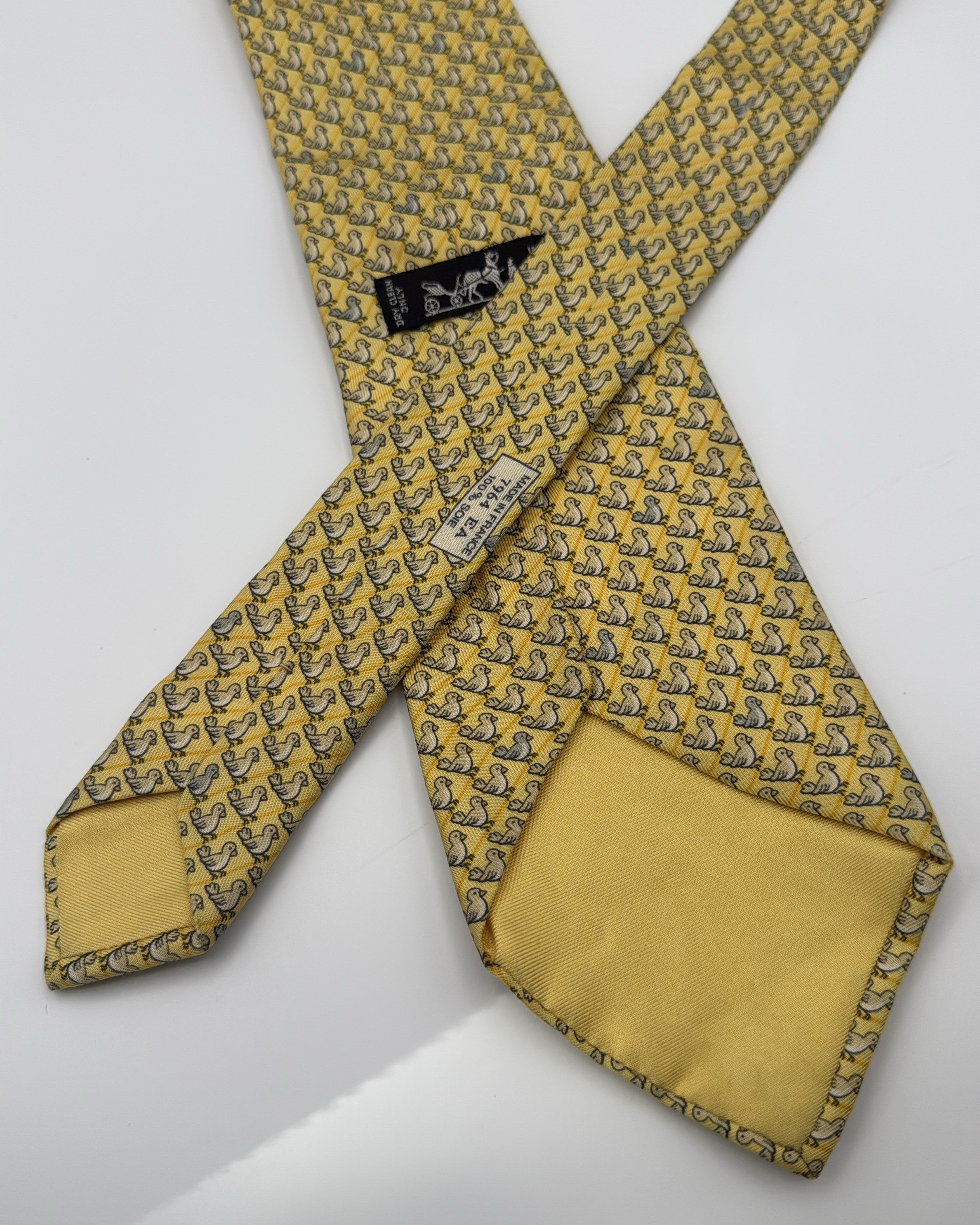 Vintage Hermès Paris Silk Tie 7964 EA Novelty/Motif Birds Yellow Grey Necktie