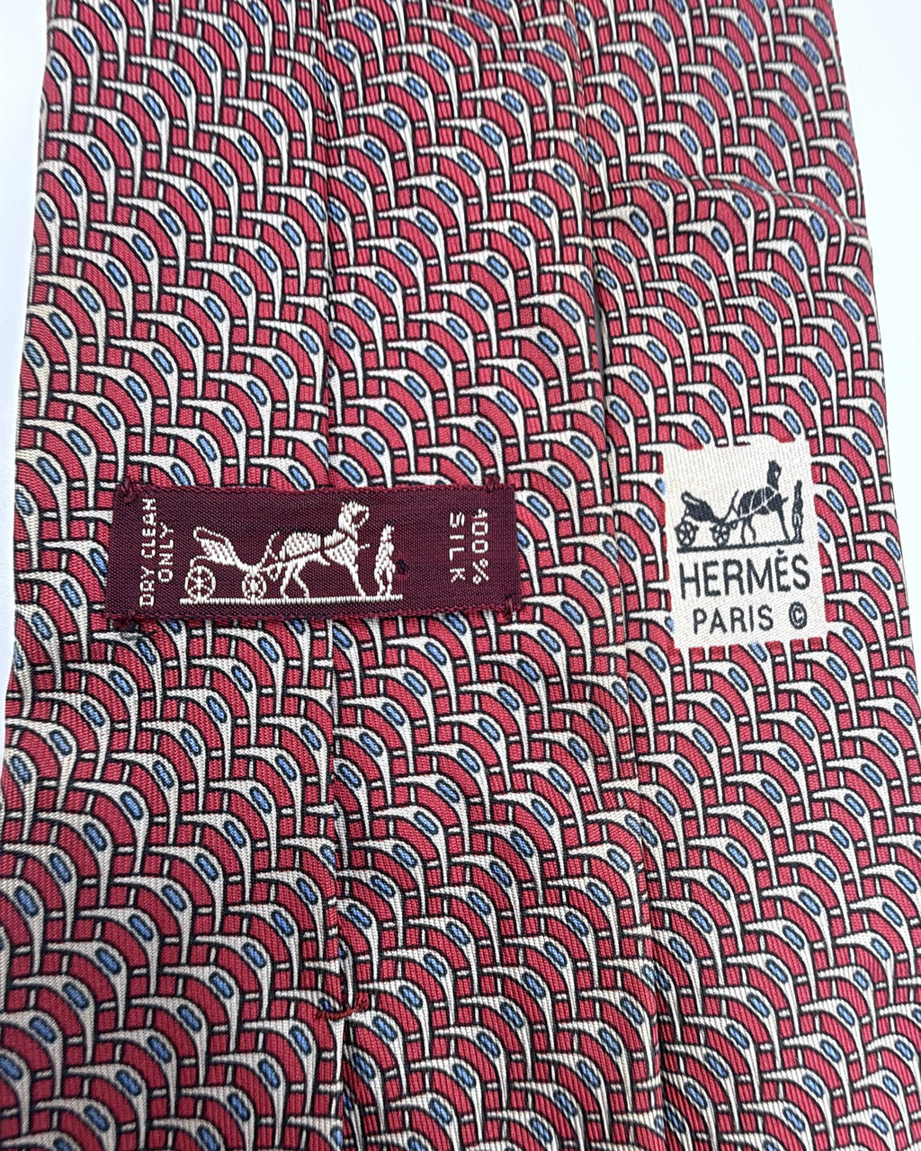 Hermès Paris Silk Tie 972 SA Geometric Burgundy Blue Necktie Made in France