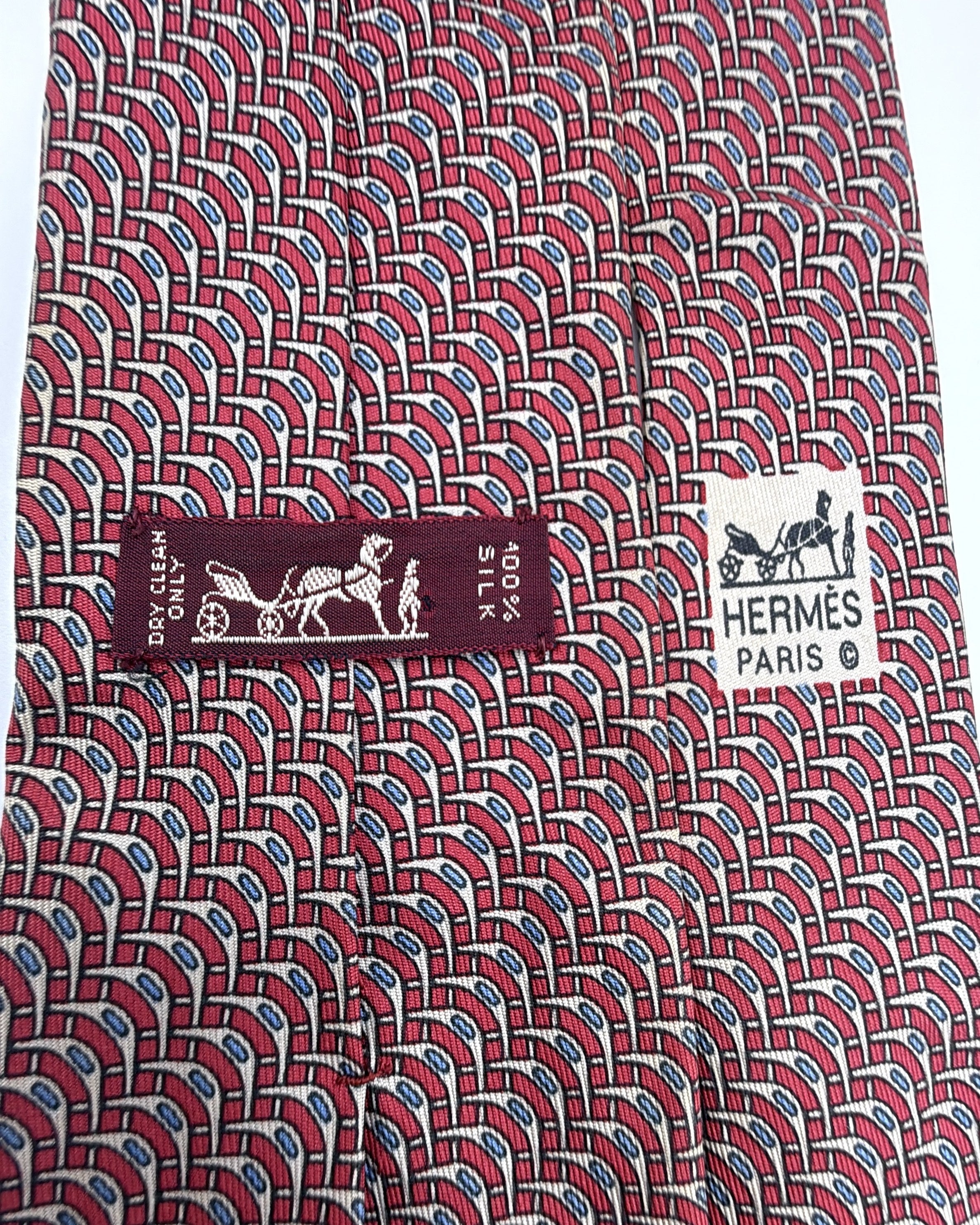 Hermès Paris Silk Tie 972 SA Geometric Burgundy Blue Necktie Made in France