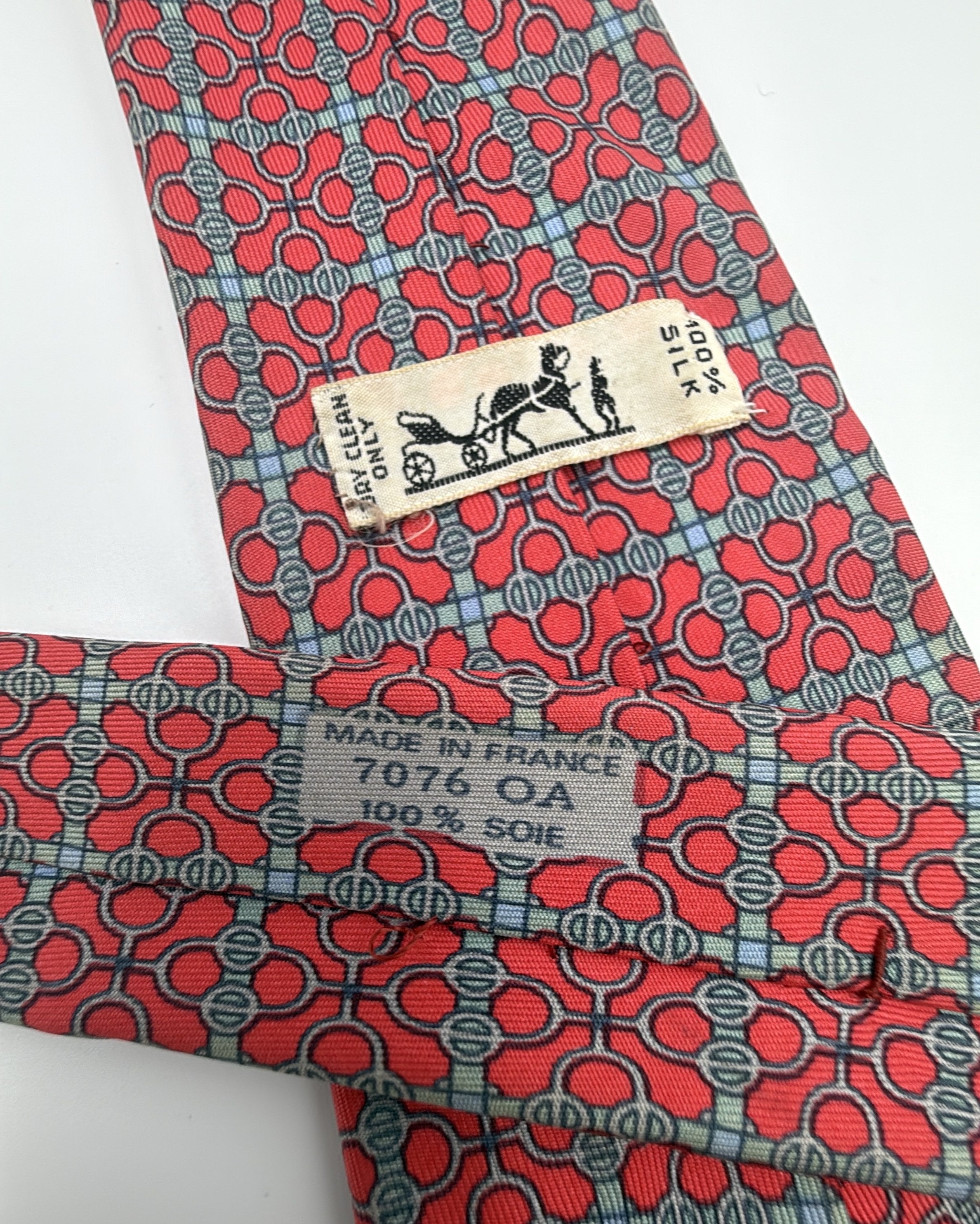 Vintage Hermès Paris Silk Tie 7076 OA Geometric Chains/links Red Grey Necktie