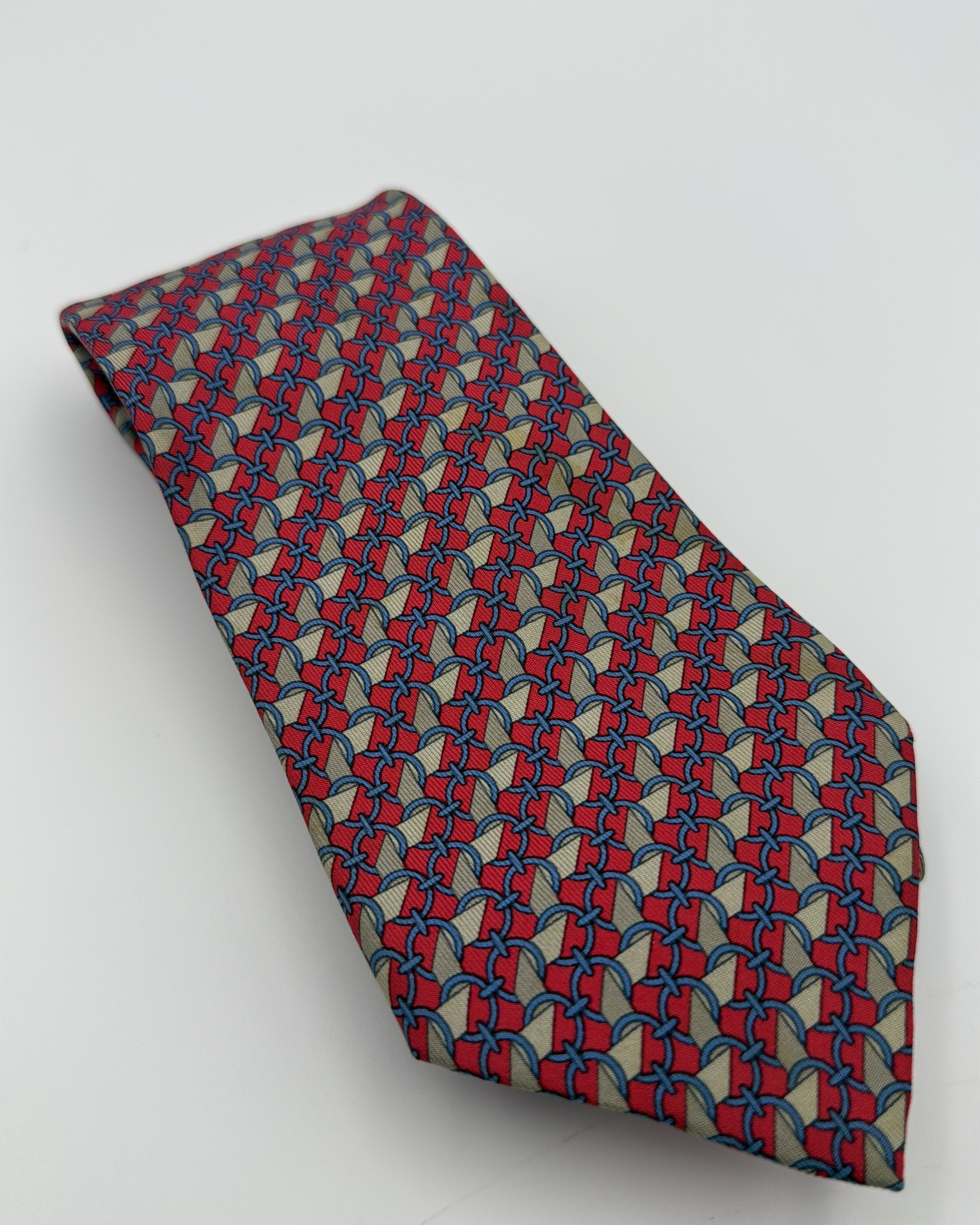 Hermès Paris Silk Tie 7112 FA Geometric Chain Red Blue Necktie Made in France