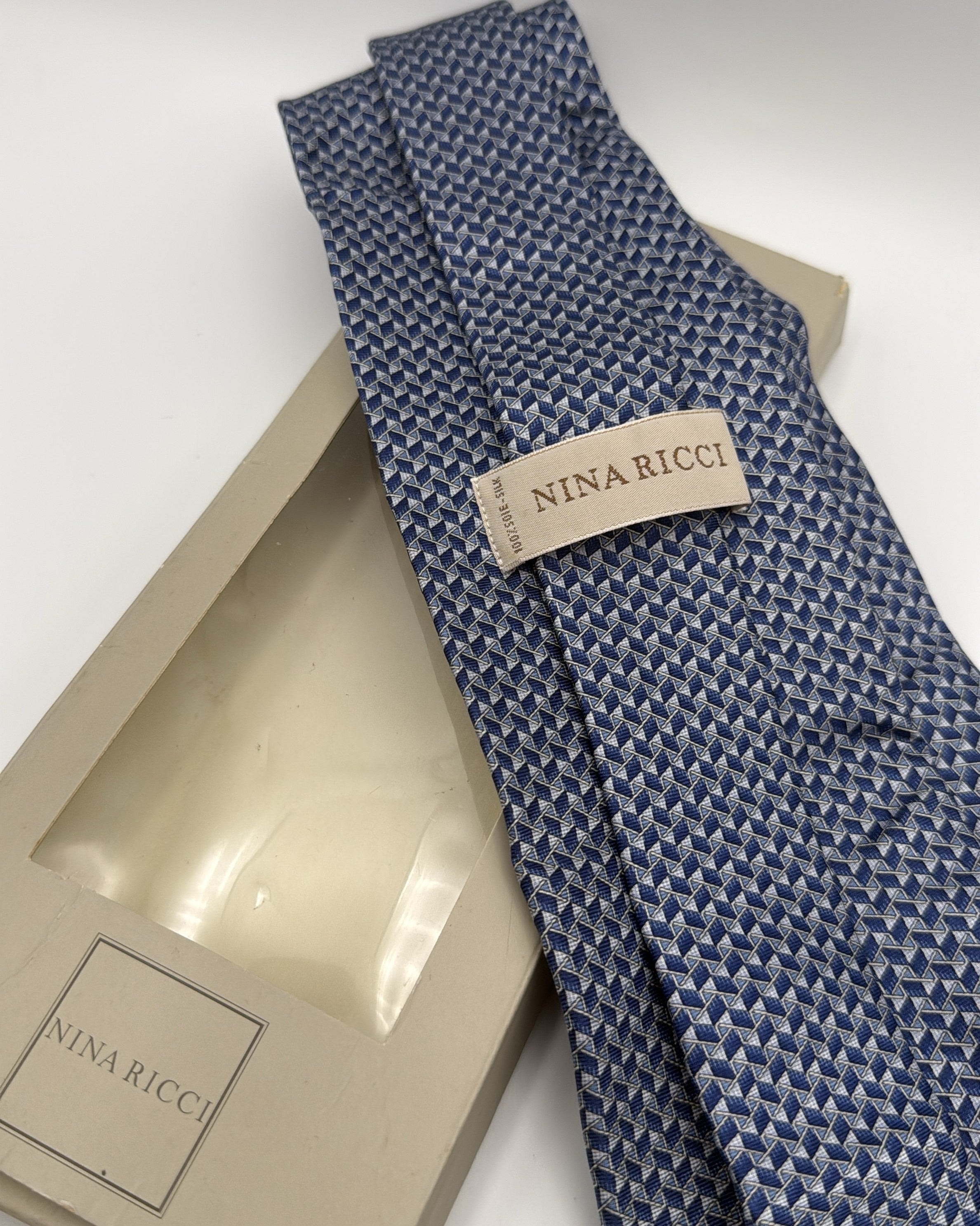 Nina Ricci Silk Tie Geometric Navy Grey Necktie Made in France