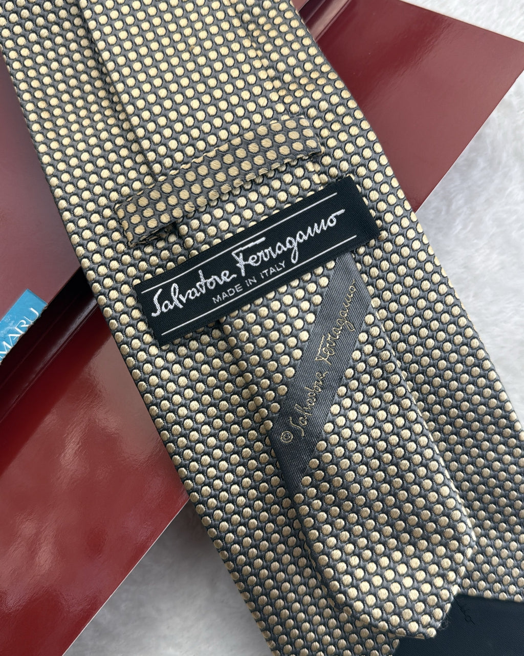 Salvatore Ferragamo Silk Tie Polka Dot/Dotted Gold Grey Necktie Made in Italy